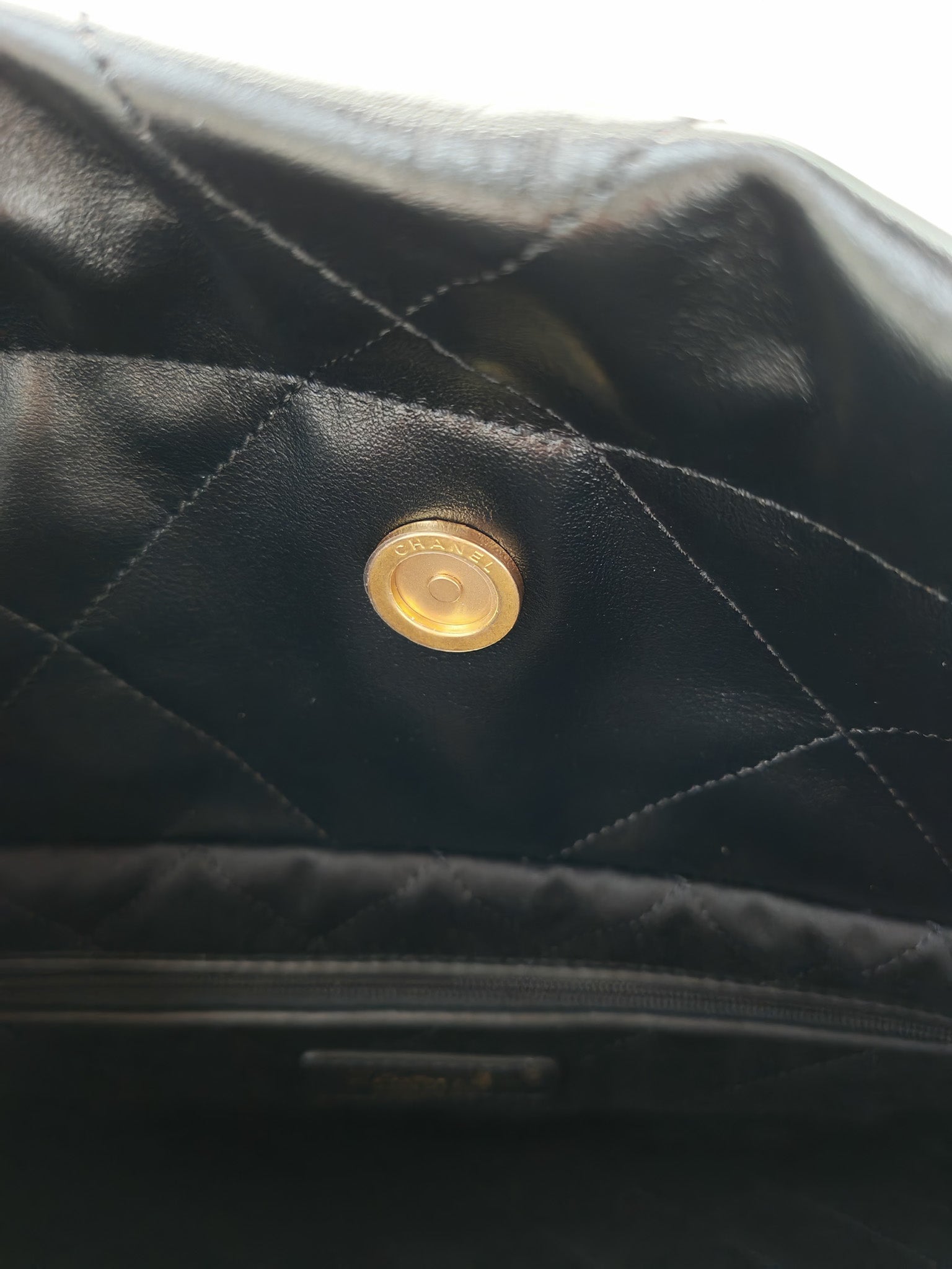 22 Small in Black Quilted Shiny Calfskin Leather and Aged Gold Hardware (Microchip) | Purse Maison Luxury Bags Shop