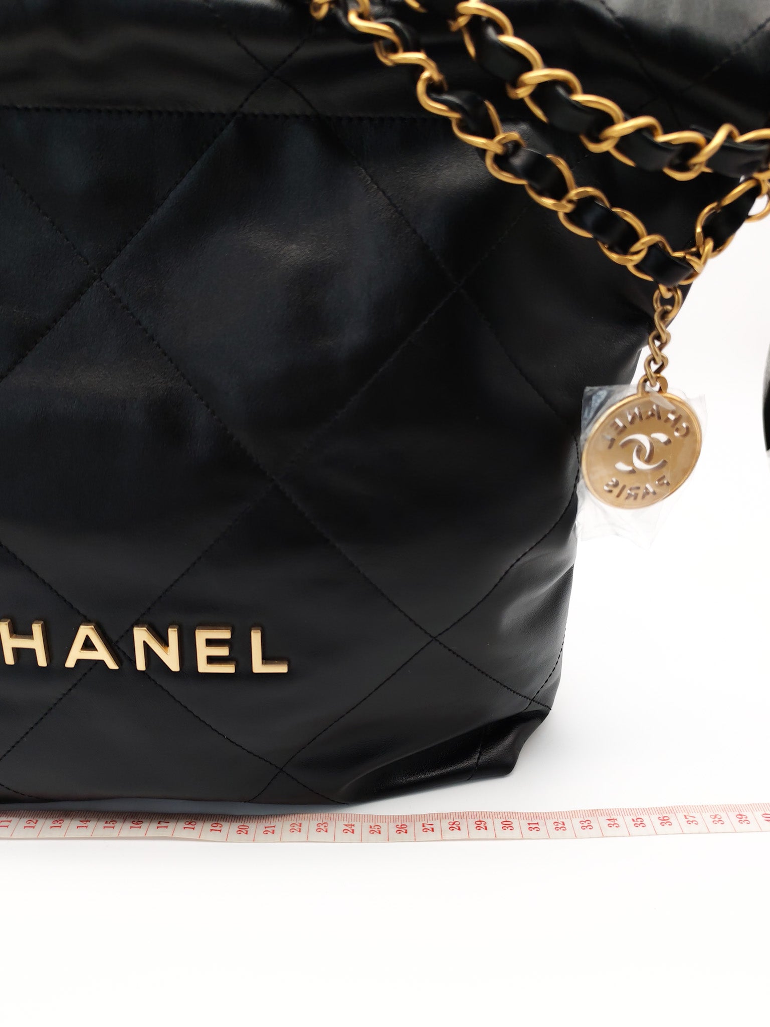 22 Small in Black Quilted Shiny Calfskin Leather and Aged Gold Hardware (Microchip) | Purse Maison Luxury Bags Shop