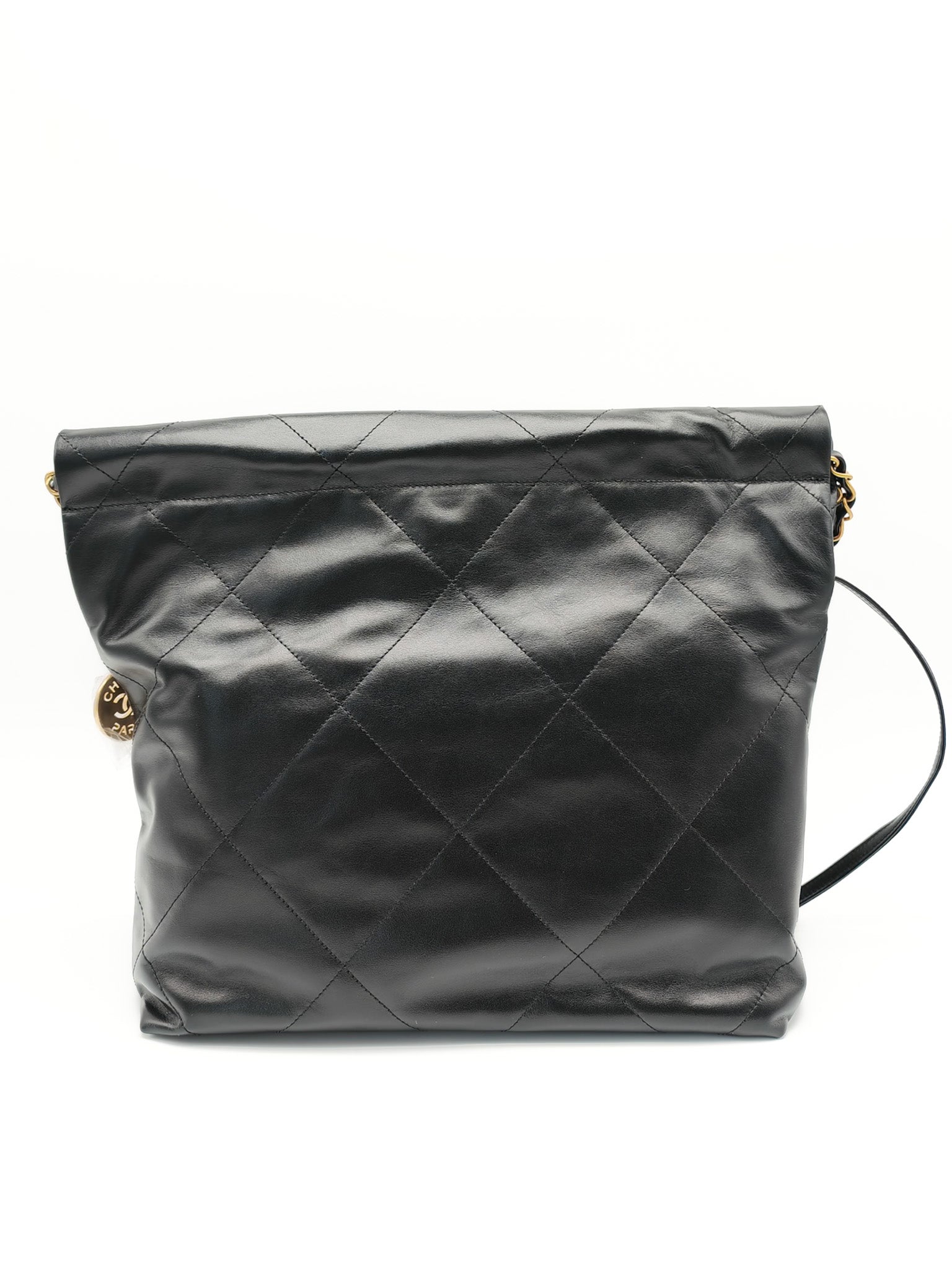 22 Small in Black Quilted Shiny Calfskin Leather and Aged Gold Hardware (Microchip) | Purse Maison Luxury Bags Shop