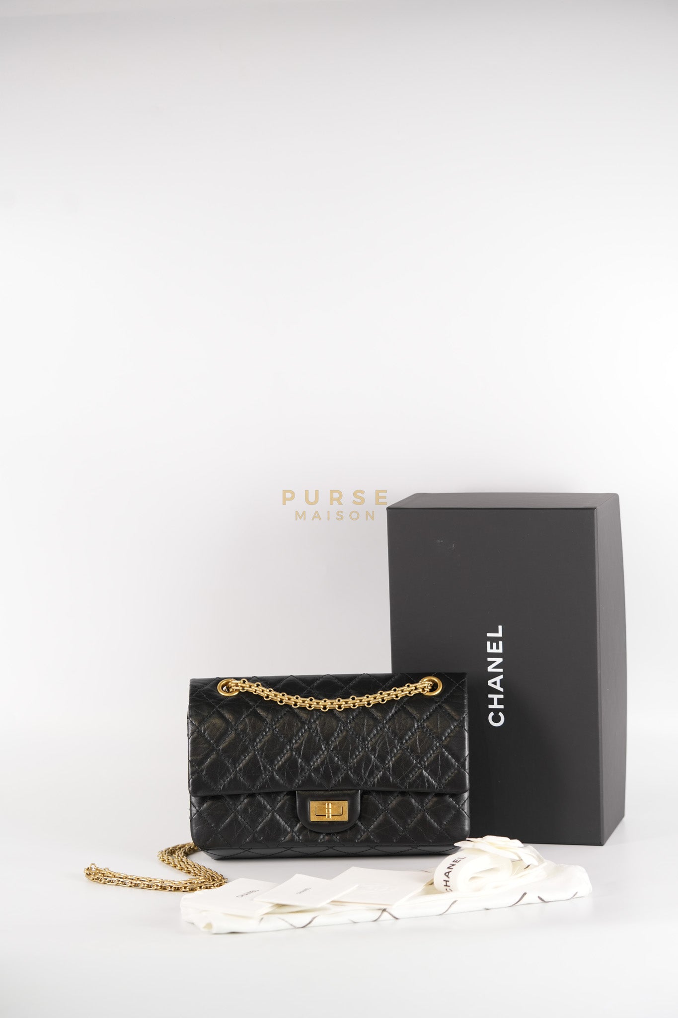 Reissue 2.55 Size 225 Small Black in Calfskin Distressed Leather (Microchip)