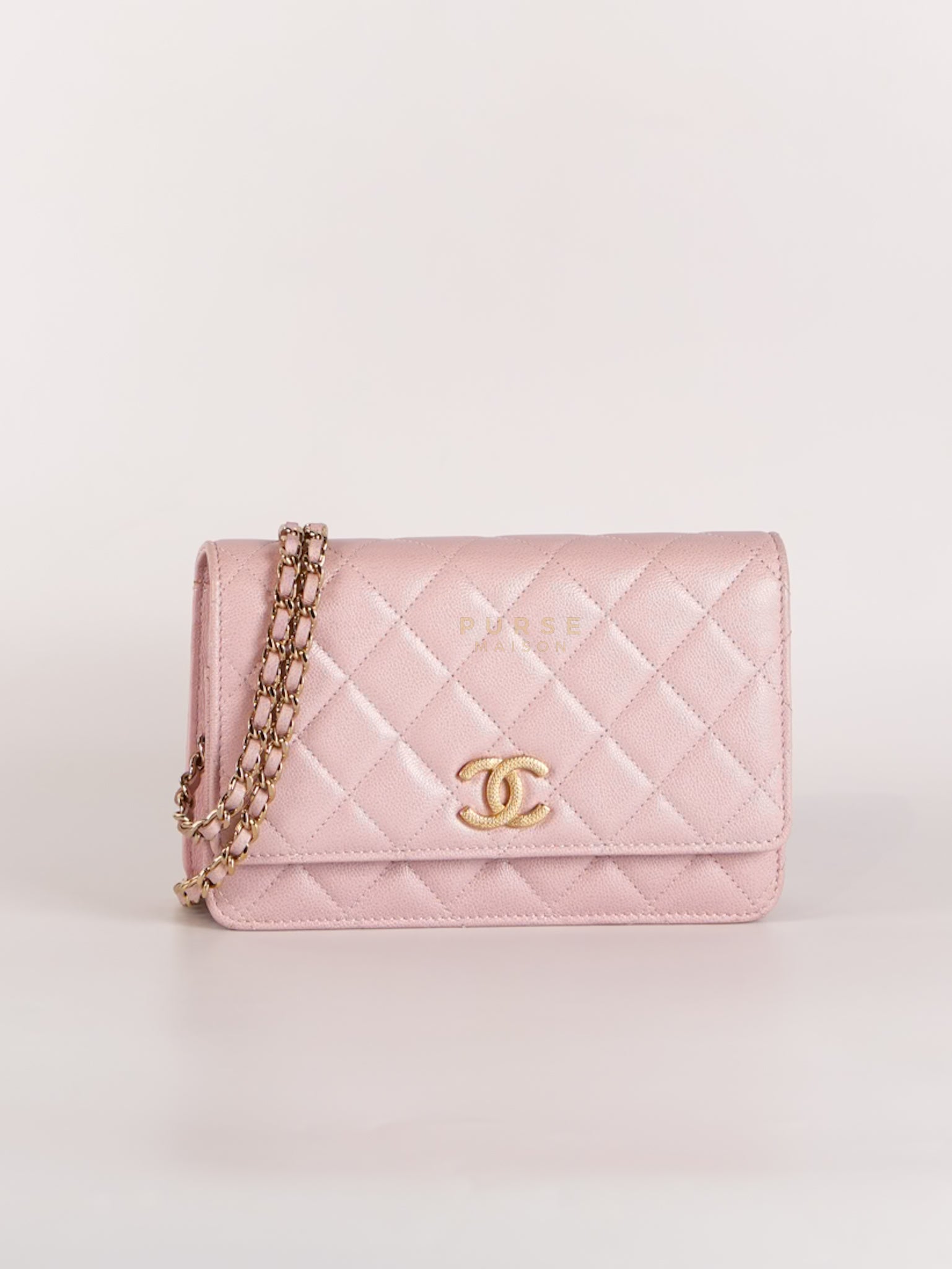 22B Golden CC Wallet on Chain in Pink Caviar Leather and Light Gold Hardware (Microchip) | Purse Maison Luxury Bags Shop