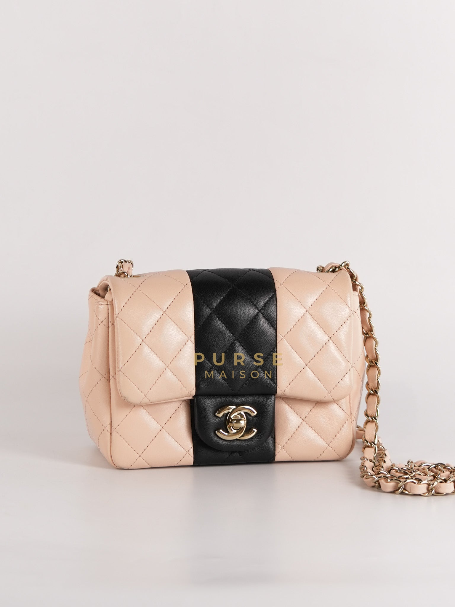 22C Mini Square in Light Beige & Black Lambskin Leather in Light Gold Hardware (Microchip) | Purse Maison Luxury Bags Shop