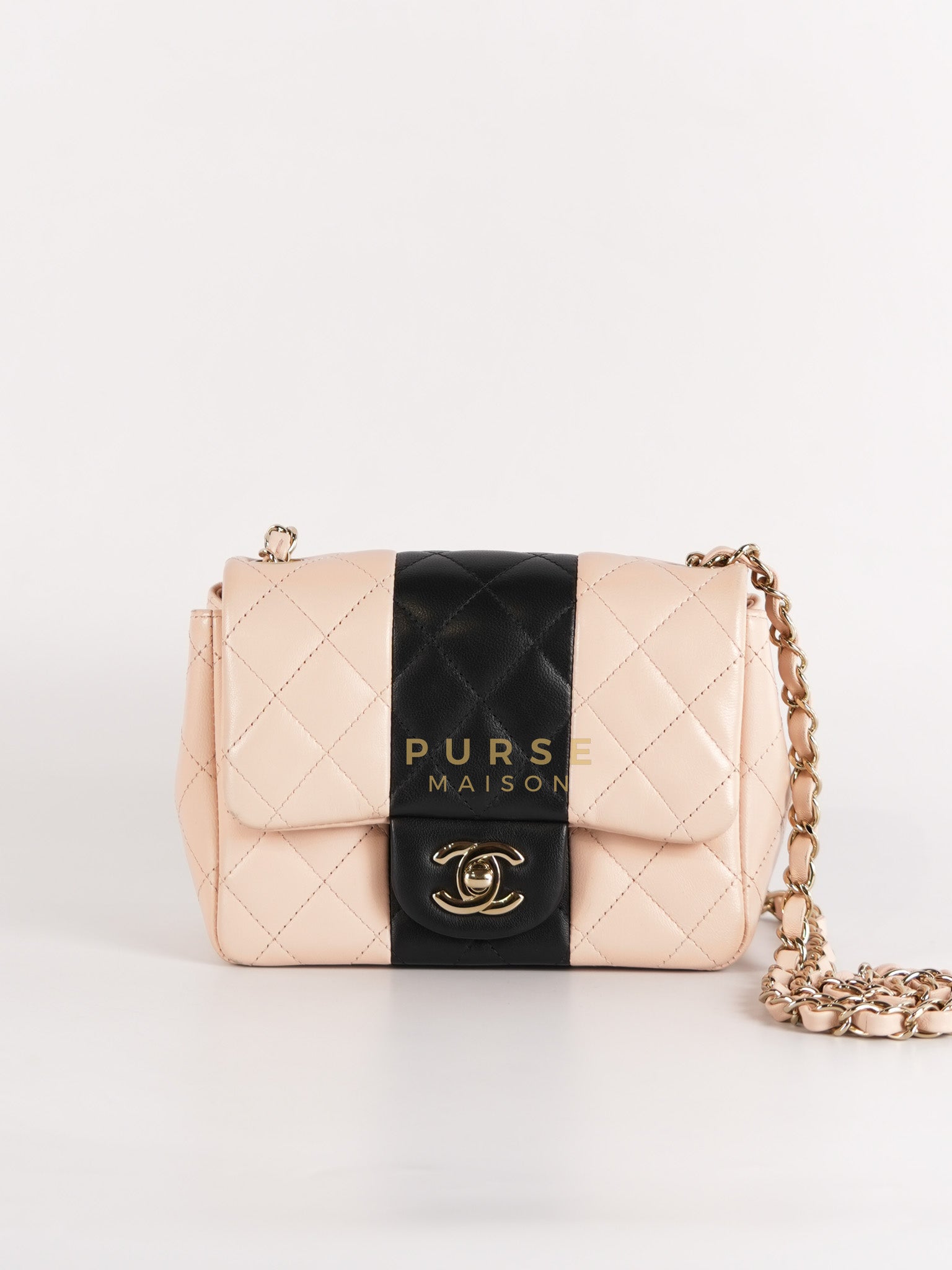 22C Mini Square in Light Beige & Black Lambskin Leather in Light Gold Hardware (Microchip) | Purse Maison Luxury Bags Shop