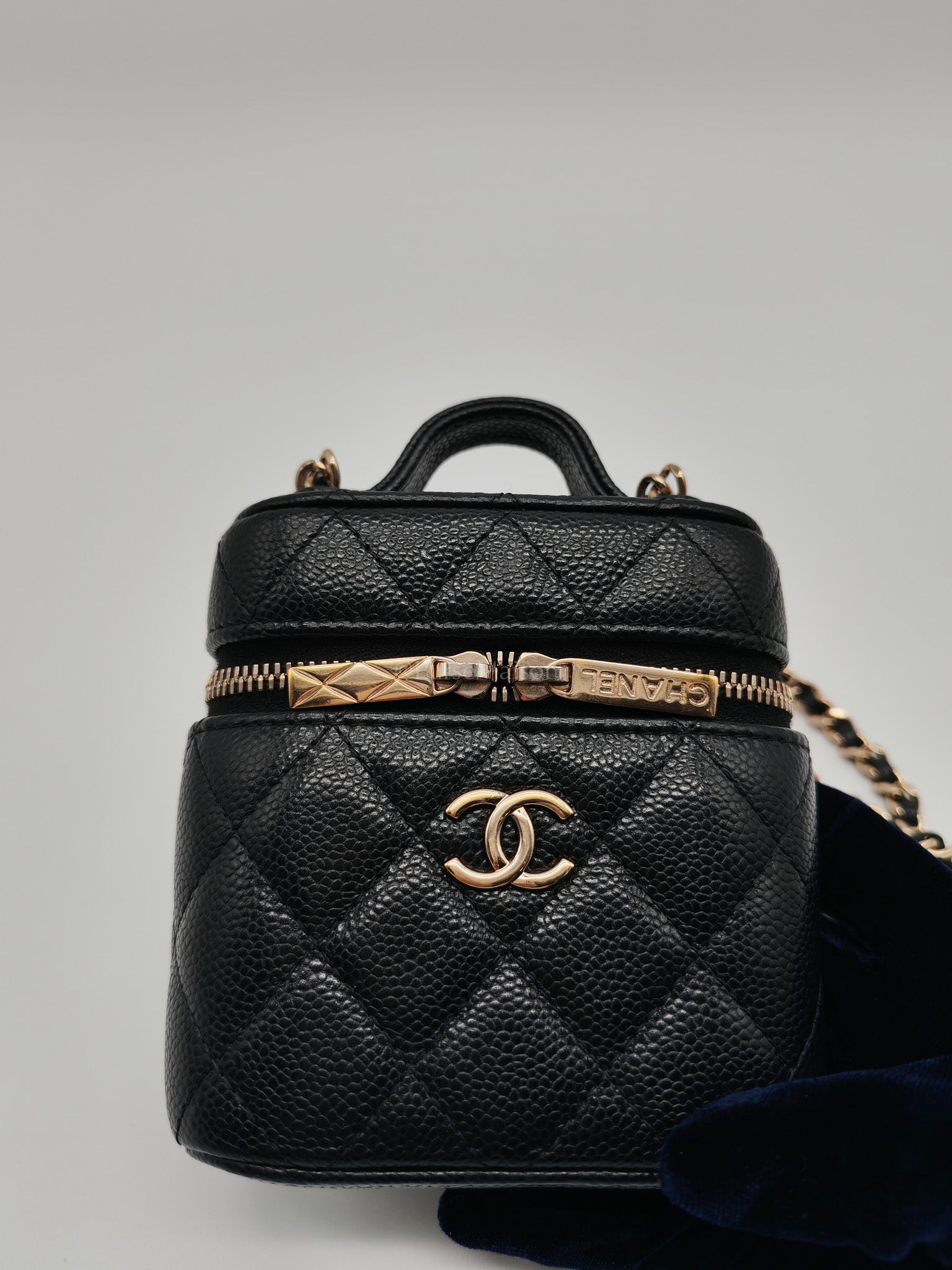 22C Vanity Mini Case Top Handle in Black Quilted Caviar Leather and Light Gold Hardware Series 31 | Purse Maison Luxury Bags Shop