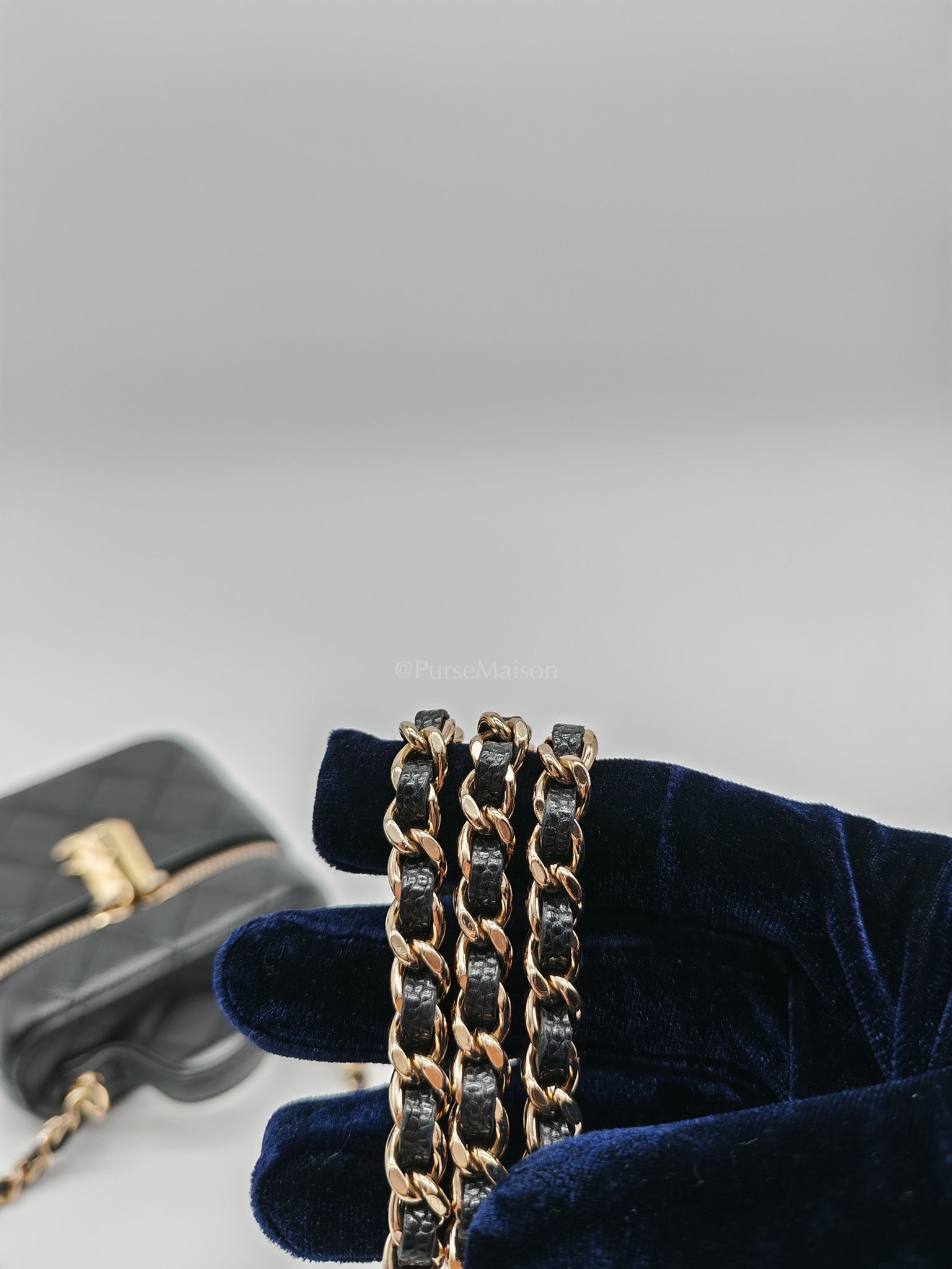 22C Vanity Mini Case Top Handle in Black Quilted Caviar Leather and Light Gold Hardware Series 31 | Purse Maison Luxury Bags Shop