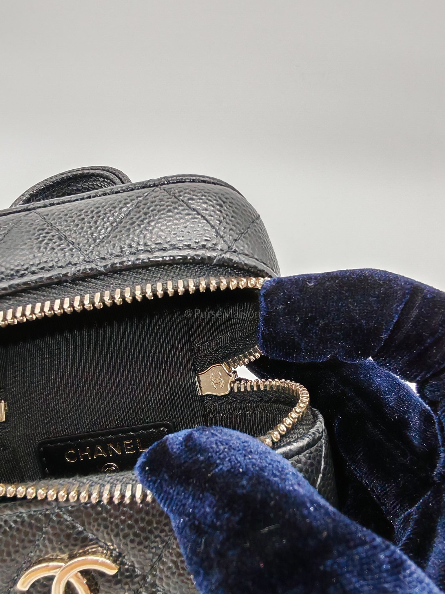 22C Vanity Mini Case Top Handle in Black Quilted Caviar Leather and Light Gold Hardware Series 31 | Purse Maison Luxury Bags Shop