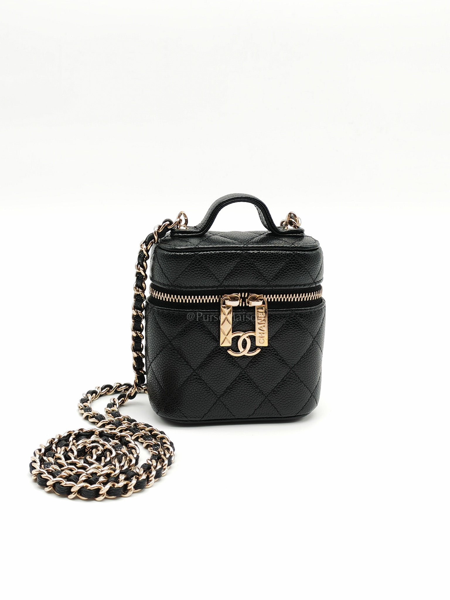 22C Vanity Mini Case Top Handle in Black Quilted Caviar Leather and Light Gold Hardware Series 31 | Purse Maison Luxury Bags Shop