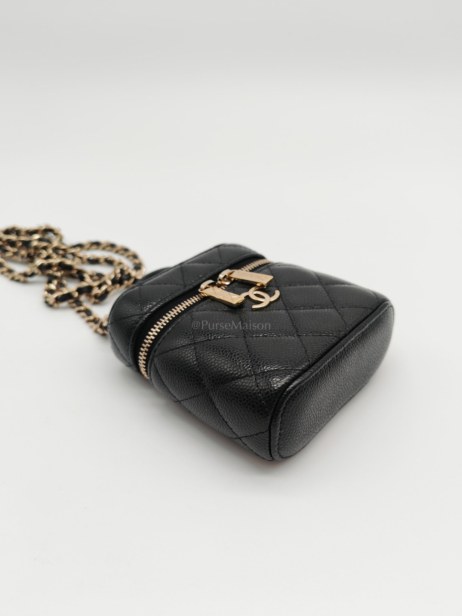 22C Vanity Mini Case Top Handle in Black Quilted Caviar Leather and Light Gold Hardware Series 31 | Purse Maison Luxury Bags Shop