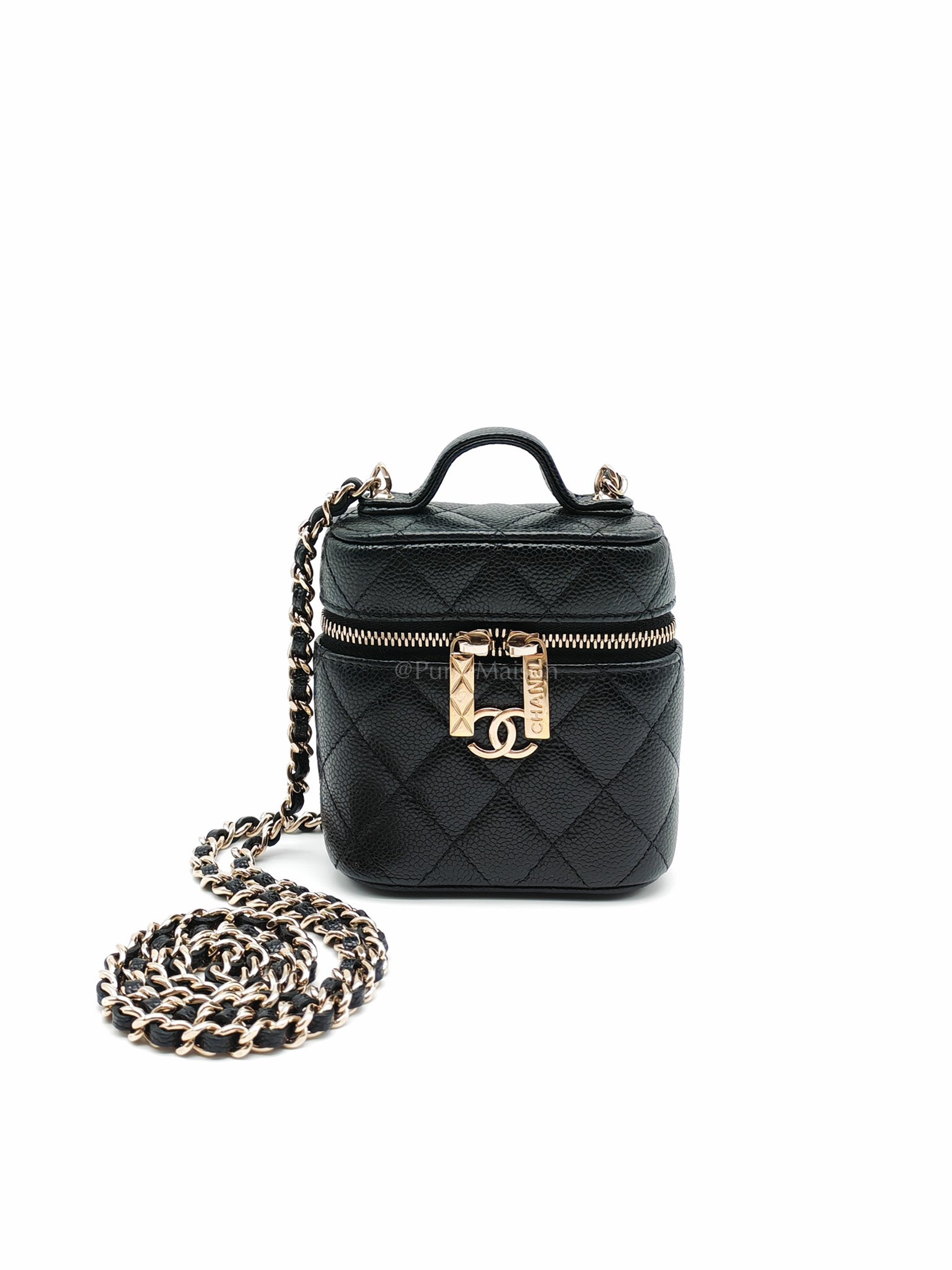 22C Vanity Mini Case Top Handle in Black Quilted Caviar Leather and Light Gold Hardware Series 31 | Purse Maison Luxury Bags Shop