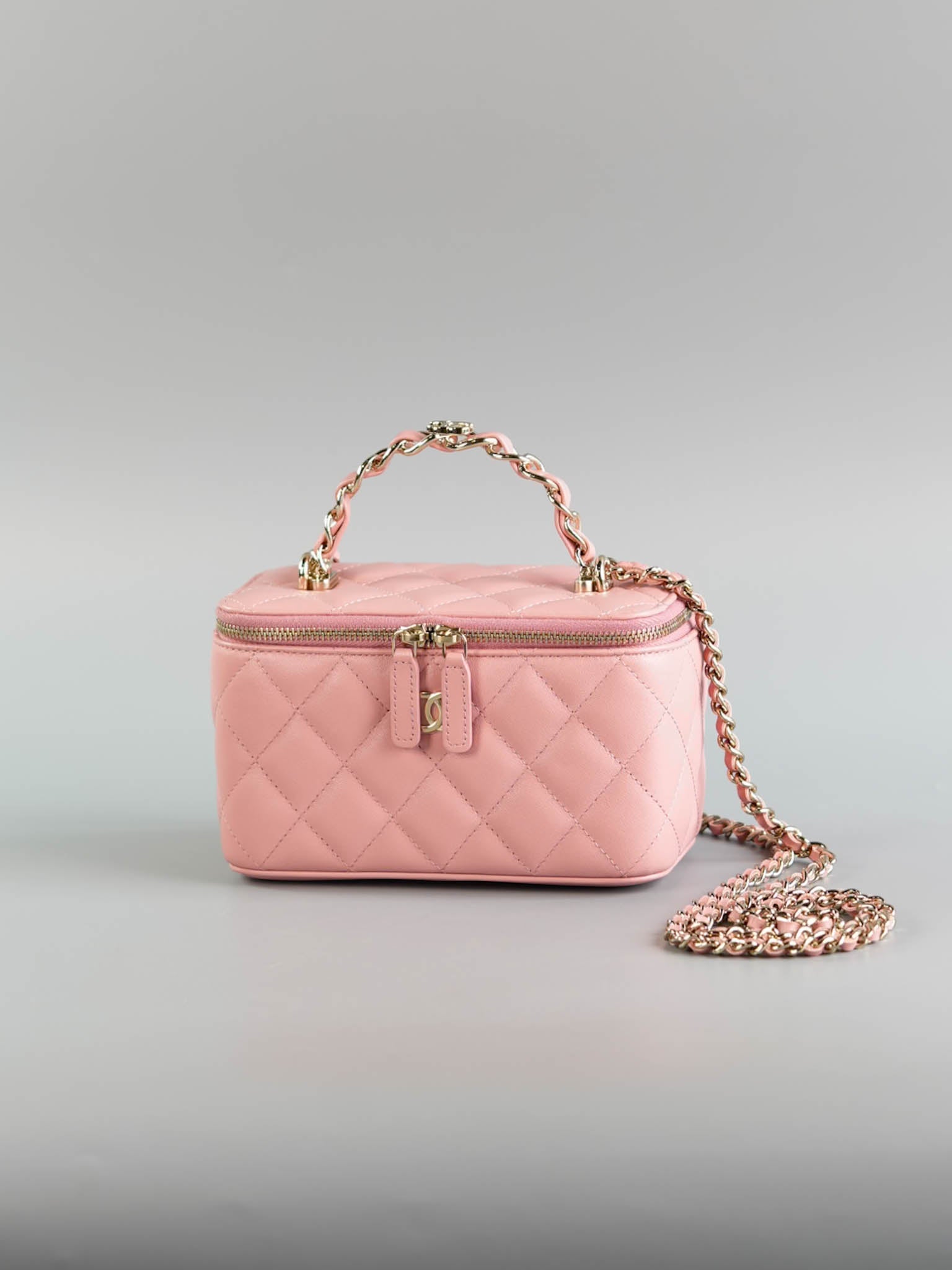 22k Vanity Case Top in Pink Lambskin Leather and Light Gold Hardware (Microchip) | Purse Maison Luxury Bags Shop