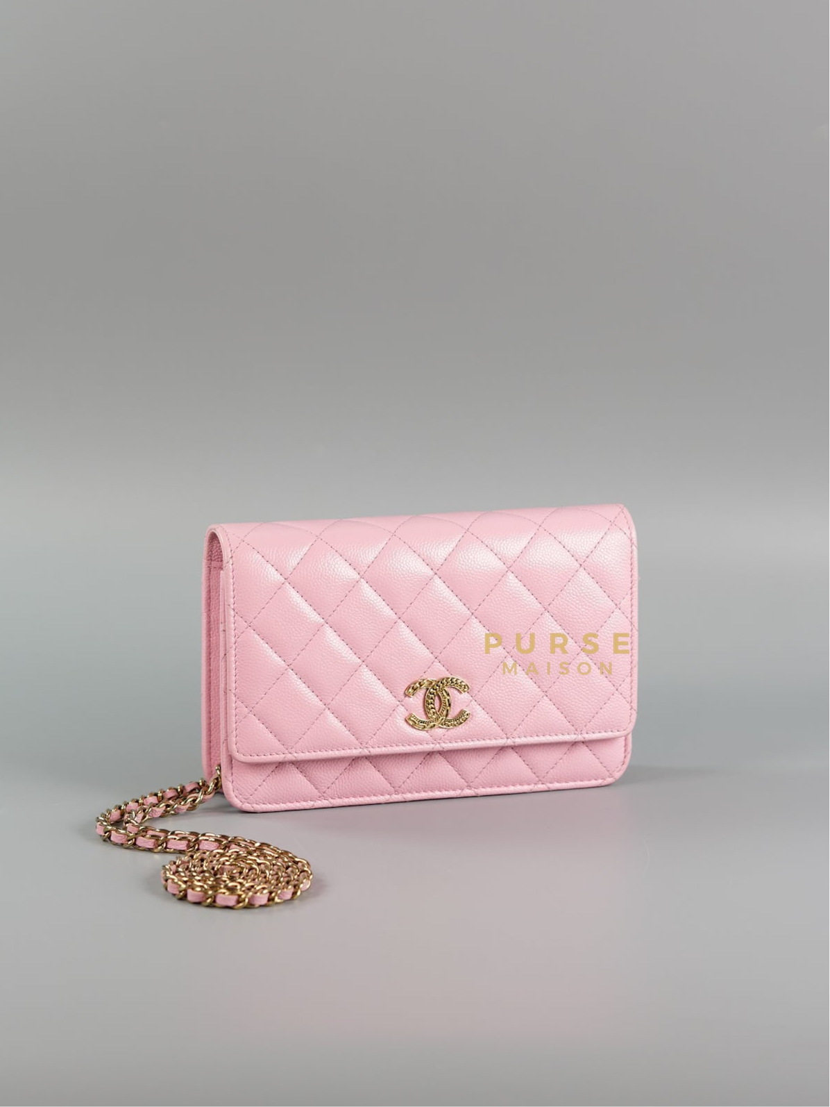22k Wallet on Chain in Pink Caviar Leather and Gold Hardware (Microchip) | Purse Maison Luxury Bags Shop