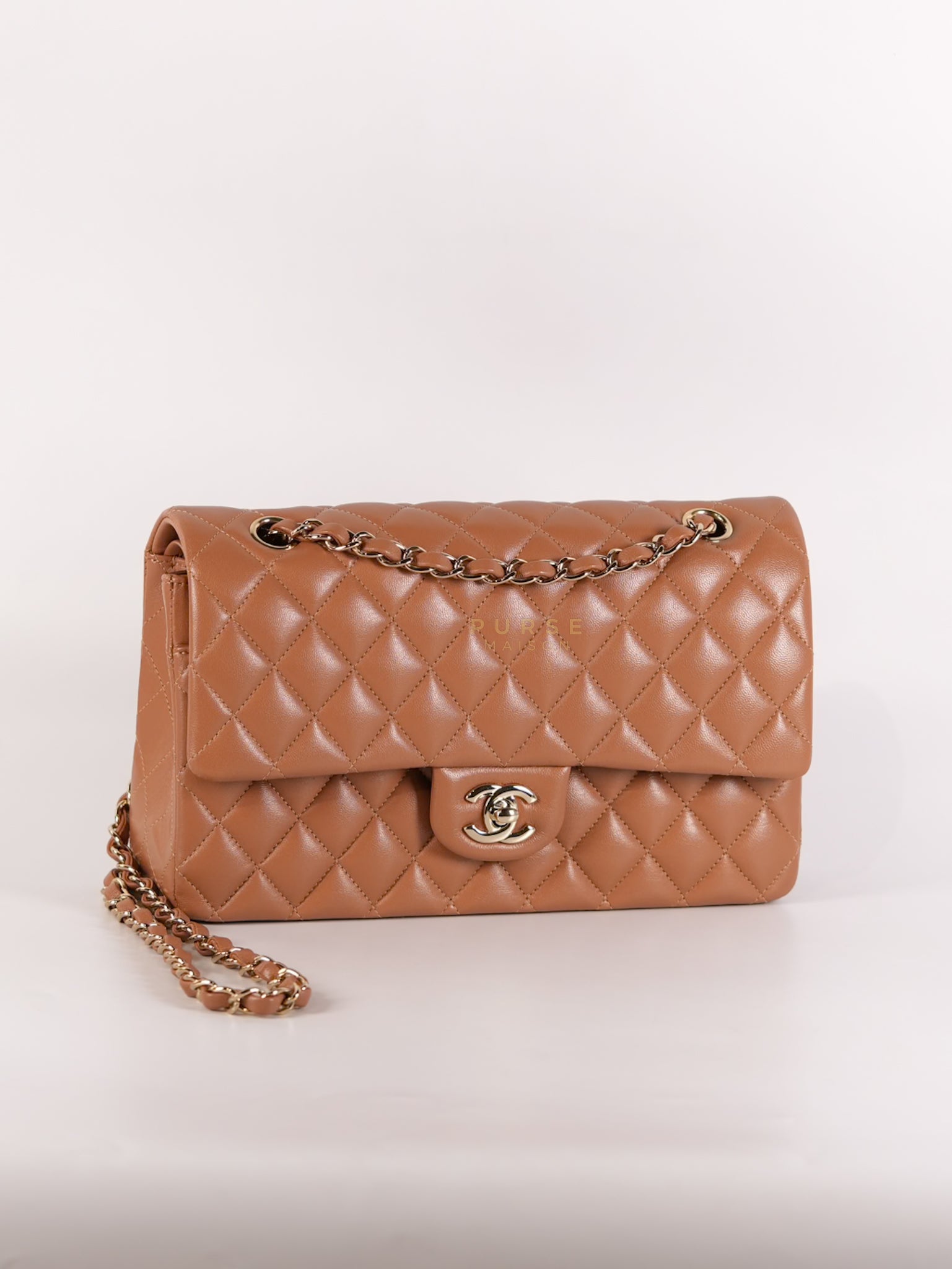 22S Classic Double Flap Medium in Caramel Lambskin Leather and Light Gold Hardware (Microchip) | Purse Maison Luxury Bags Shop