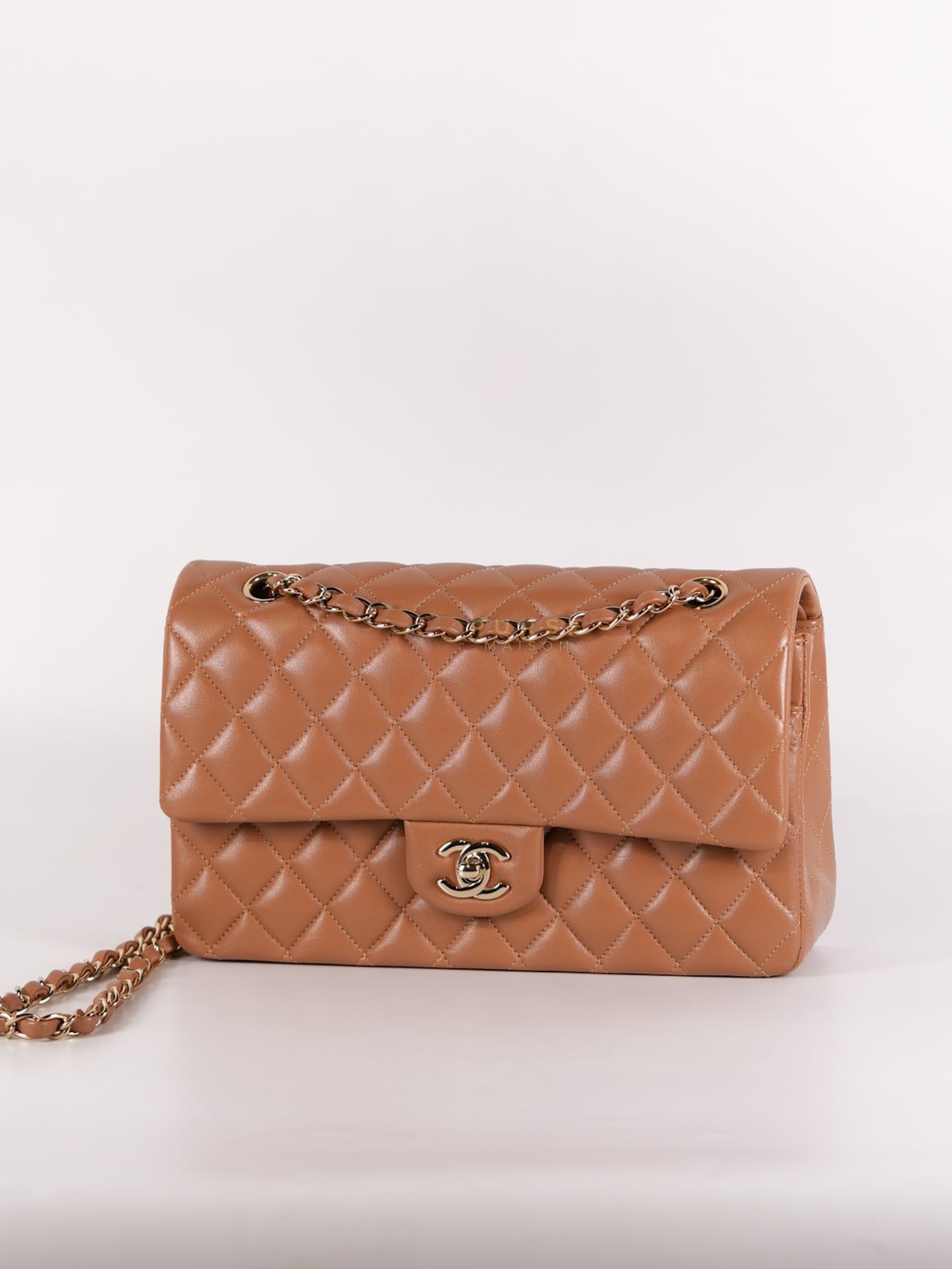 22S Classic Double Flap Medium in Caramel Lambskin Leather and Light Gold Hardware (Microchip) | Purse Maison Luxury Bags Shop