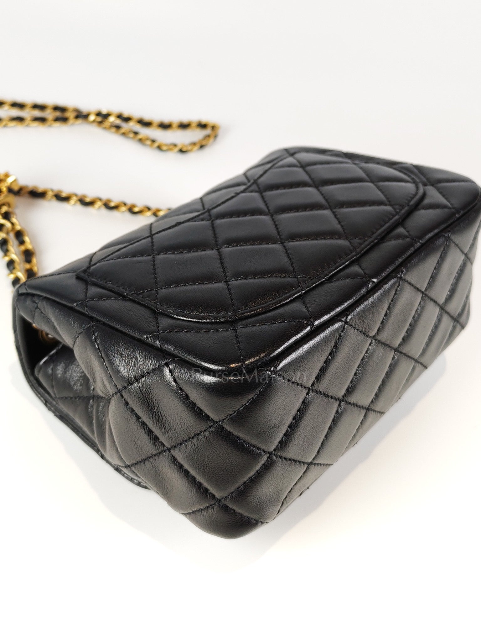 22S Mini Square Pearl Crush in Black Lambskin Leather and Aged Gold Harwadre (Microchip) | Purse Maison Luxury Bags Shop
