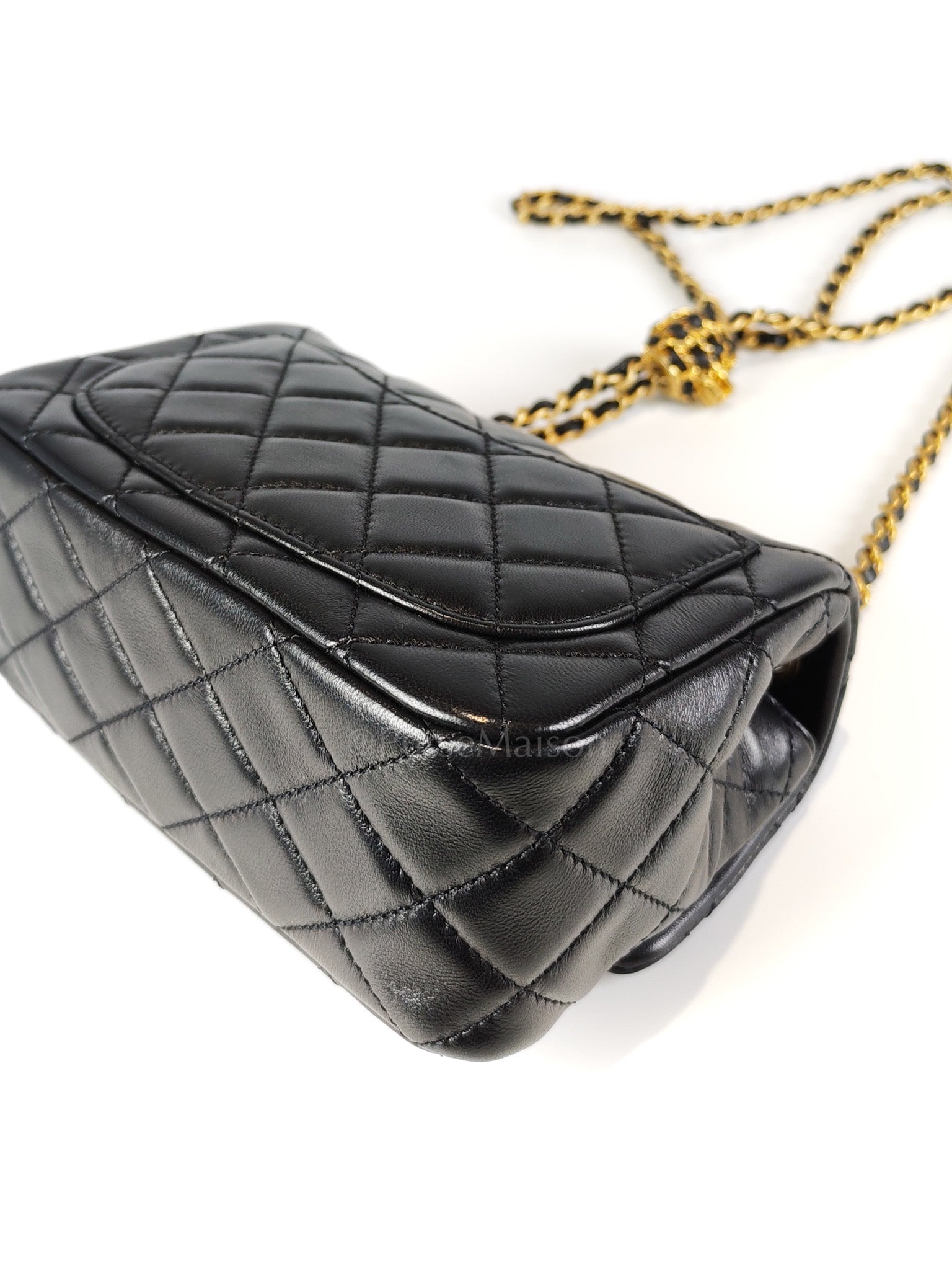 22S Mini Square Pearl Crush in Black Lambskin Leather and Aged Gold Harwadre (Microchip) | Purse Maison Luxury Bags Shop