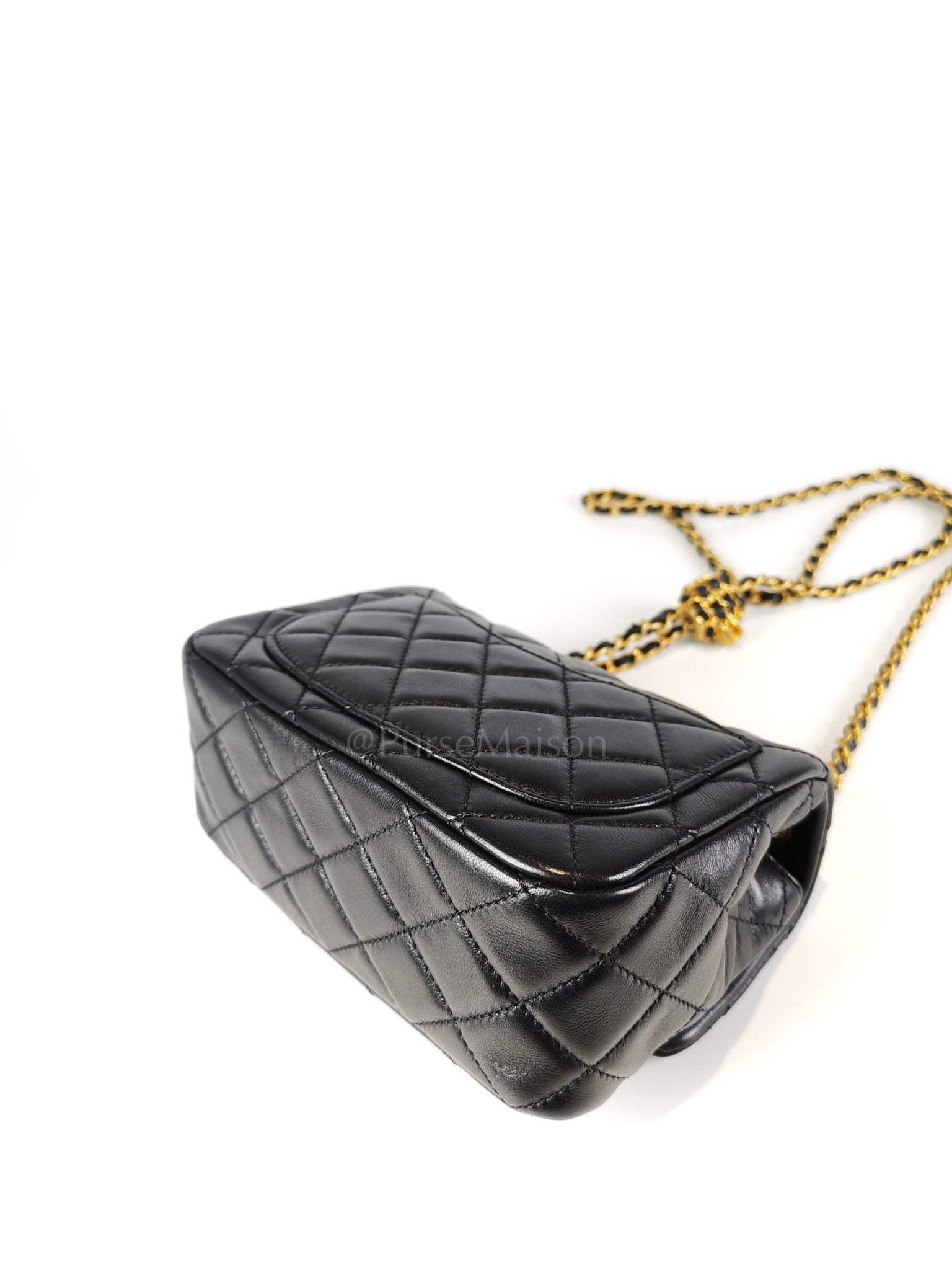 22S Mini Square Pearl Crush in Black Lambskin Leather and Aged Gold Harwadre (Microchip) | Purse Maison Luxury Bags Shop