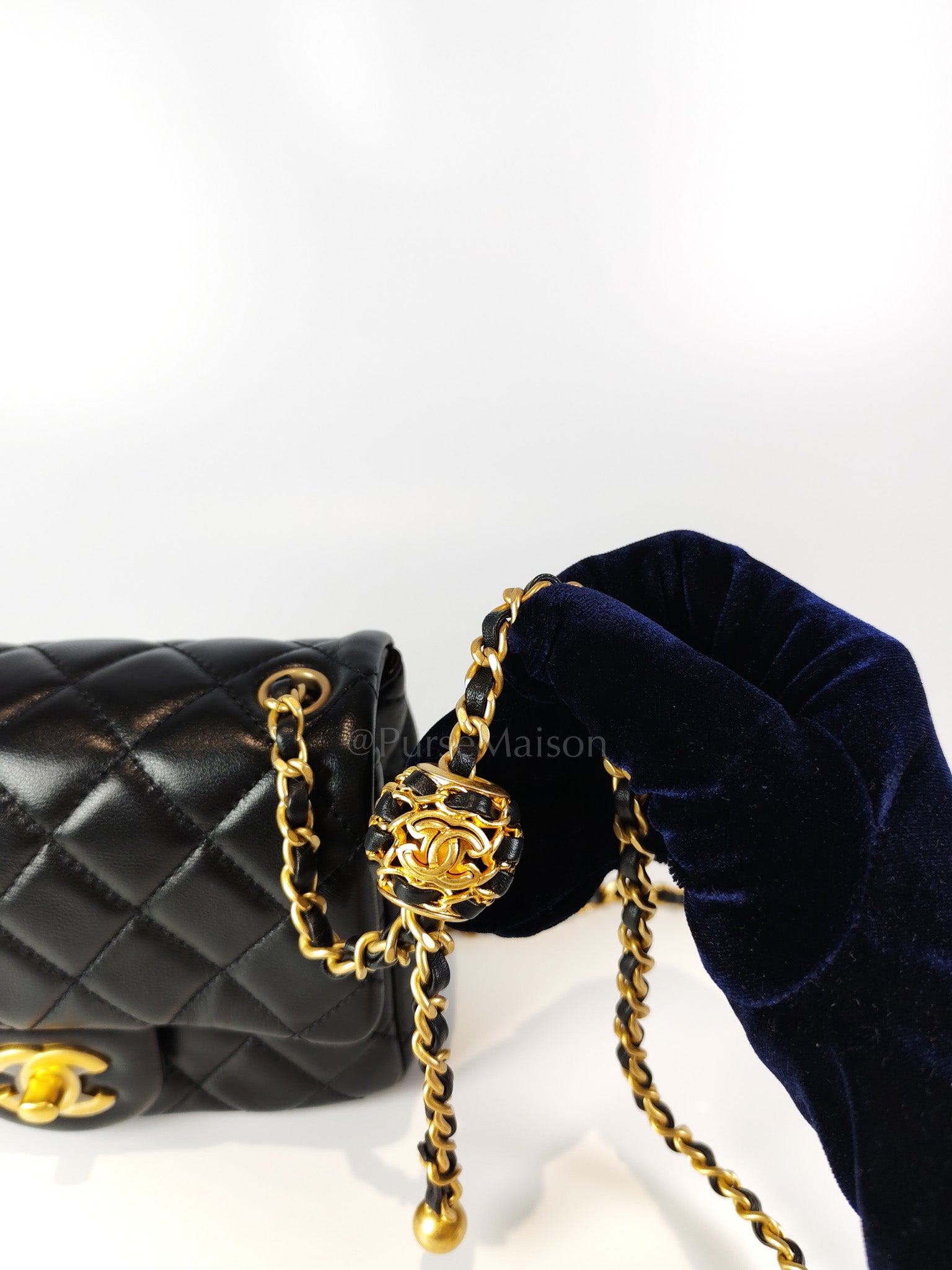 22S Mini Square Pearl Crush in Black Lambskin Leather and Aged Gold Harwadre (Microchip) | Purse Maison Luxury Bags Shop