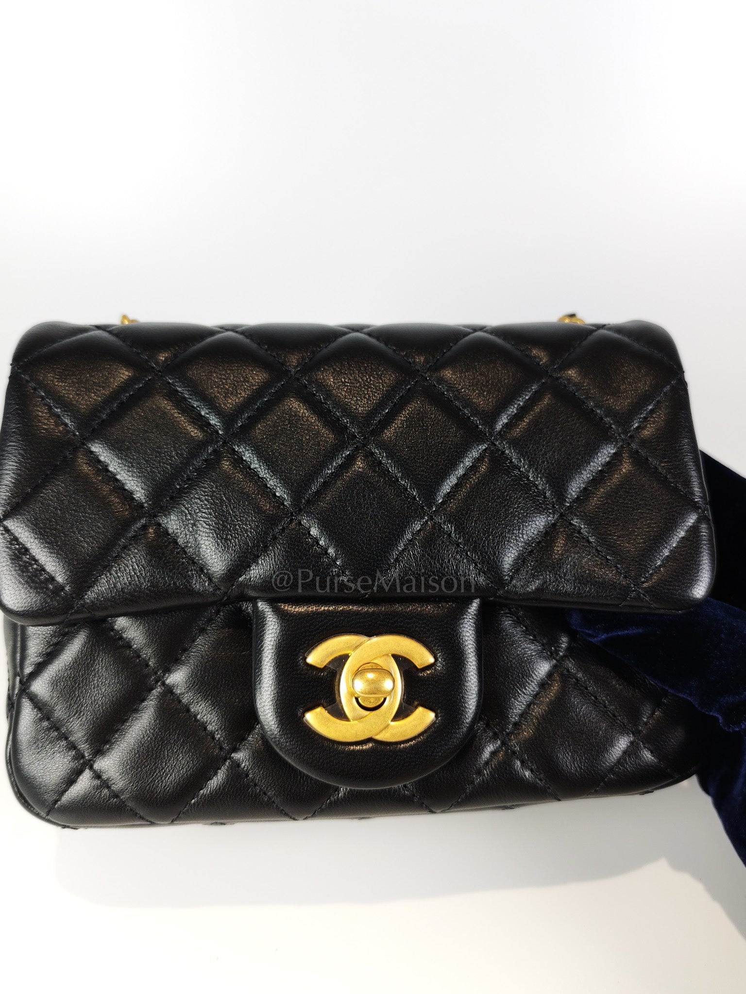 22S Mini Square Pearl Crush in Black Lambskin Leather and Aged Gold Harwadre (Microchip) | Purse Maison Luxury Bags Shop