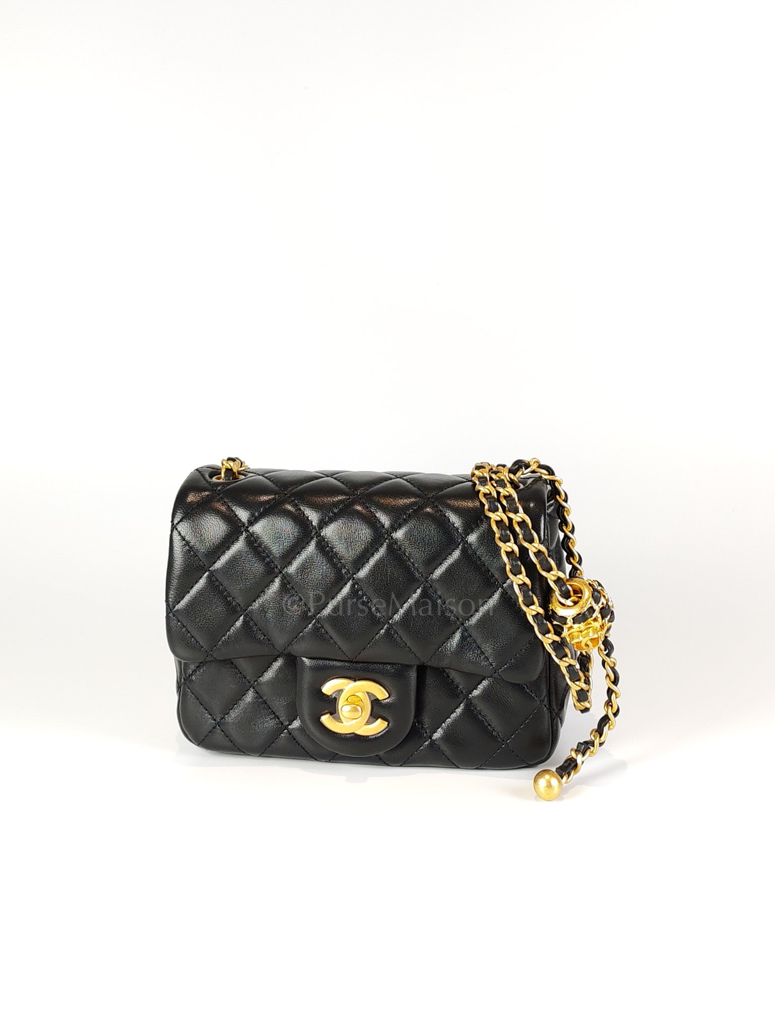 22S Mini Square Pearl Crush in Black Lambskin Leather and Aged Gold Harwadre (Microchip) | Purse Maison Luxury Bags Shop