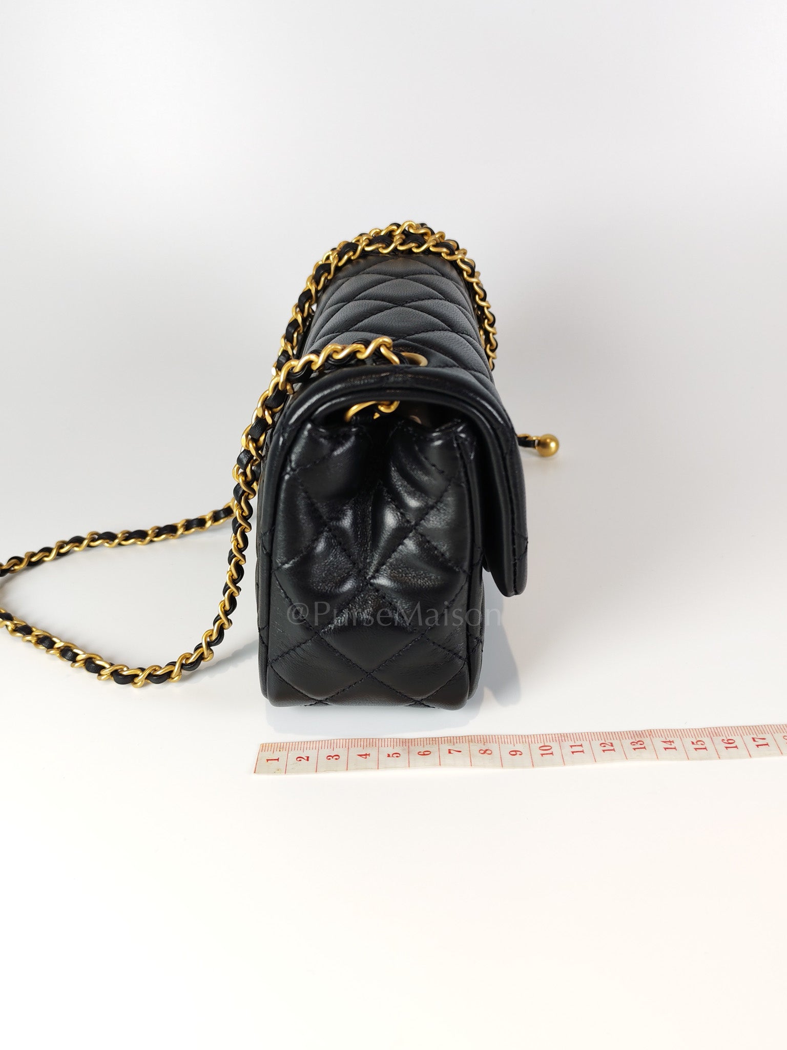 22S Mini Square Pearl Crush in Black Lambskin Leather and Aged Gold Harwadre (Microchip) | Purse Maison Luxury Bags Shop