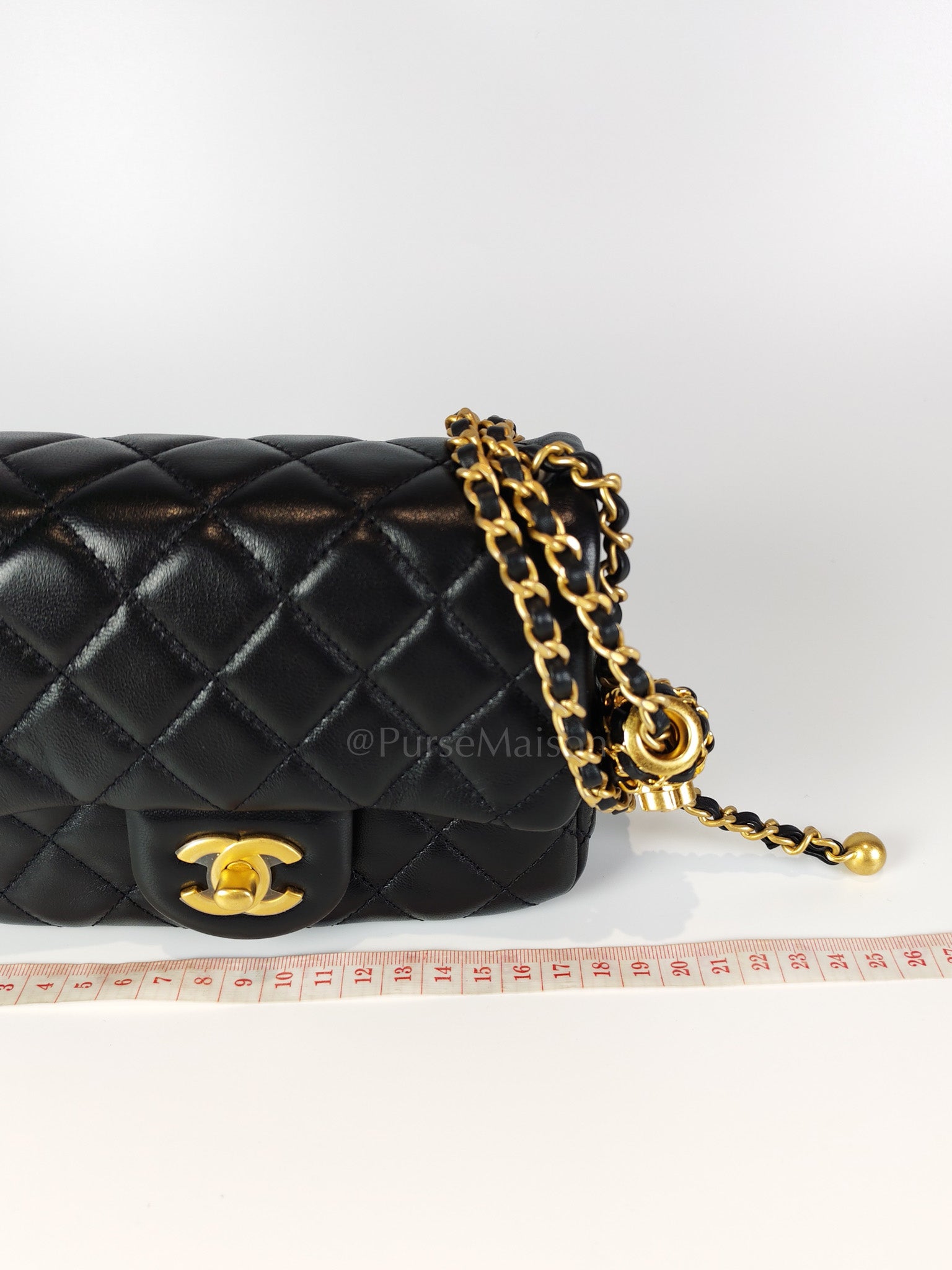 22S Mini Square Pearl Crush in Black Lambskin Leather and Aged Gold Harwadre (Microchip) | Purse Maison Luxury Bags Shop