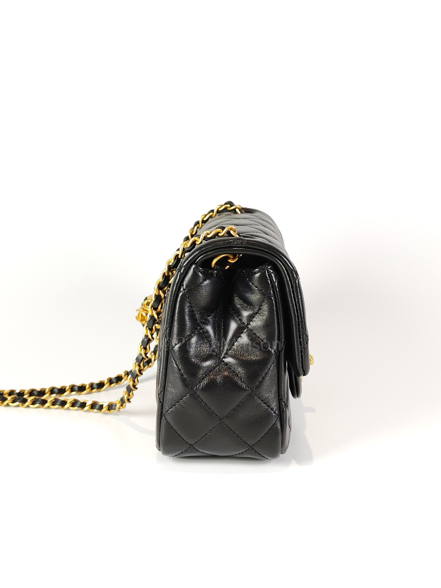 22S Mini Square Pearl Crush in Black Lambskin Leather and Aged Gold Harwadre (Microchip) | Purse Maison Luxury Bags Shop