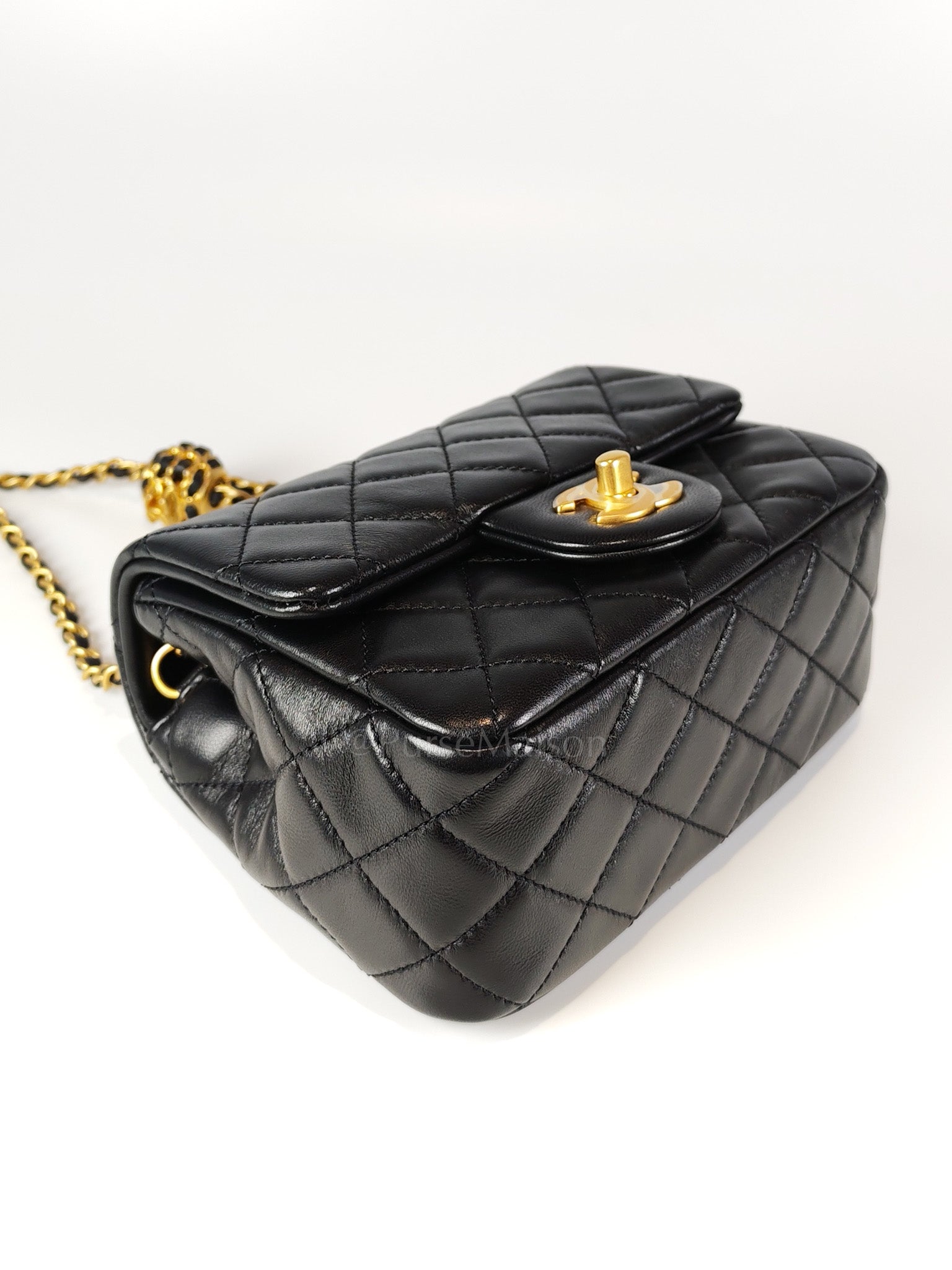 22S Mini Square Pearl Crush in Black Lambskin Leather and Aged Gold Harwadre (Microchip) | Purse Maison Luxury Bags Shop
