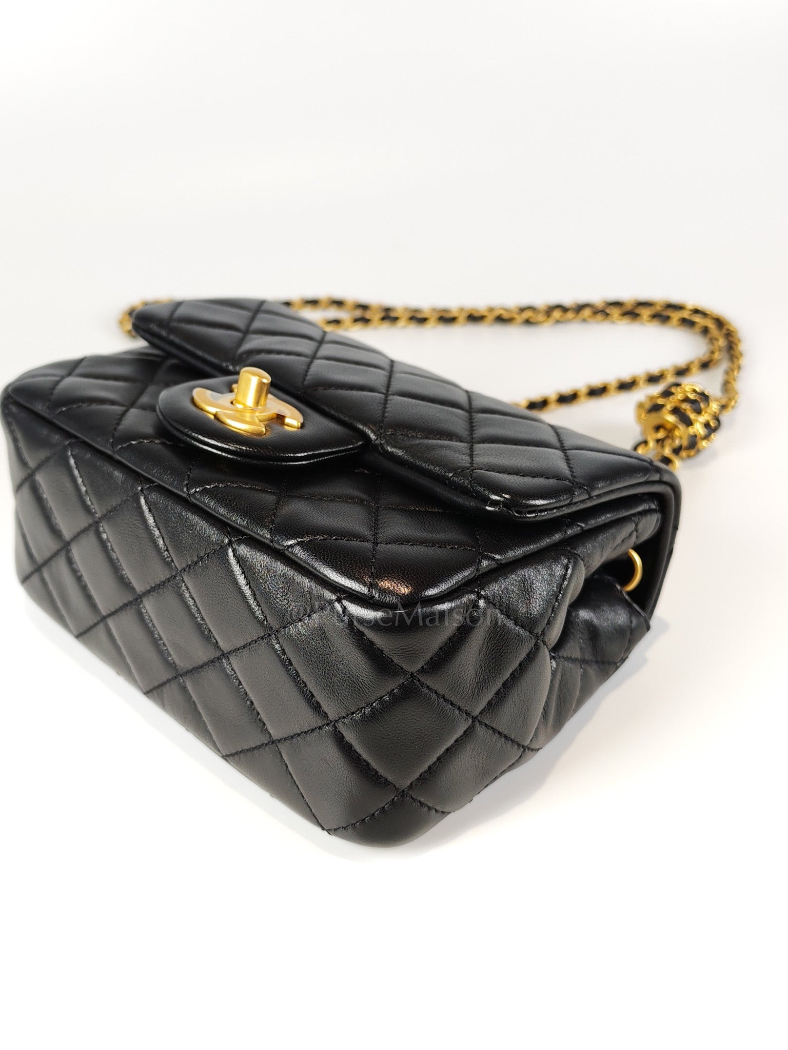 22S Mini Square Pearl Crush in Black Lambskin Leather and Aged Gold Harwadre (Microchip) | Purse Maison Luxury Bags Shop