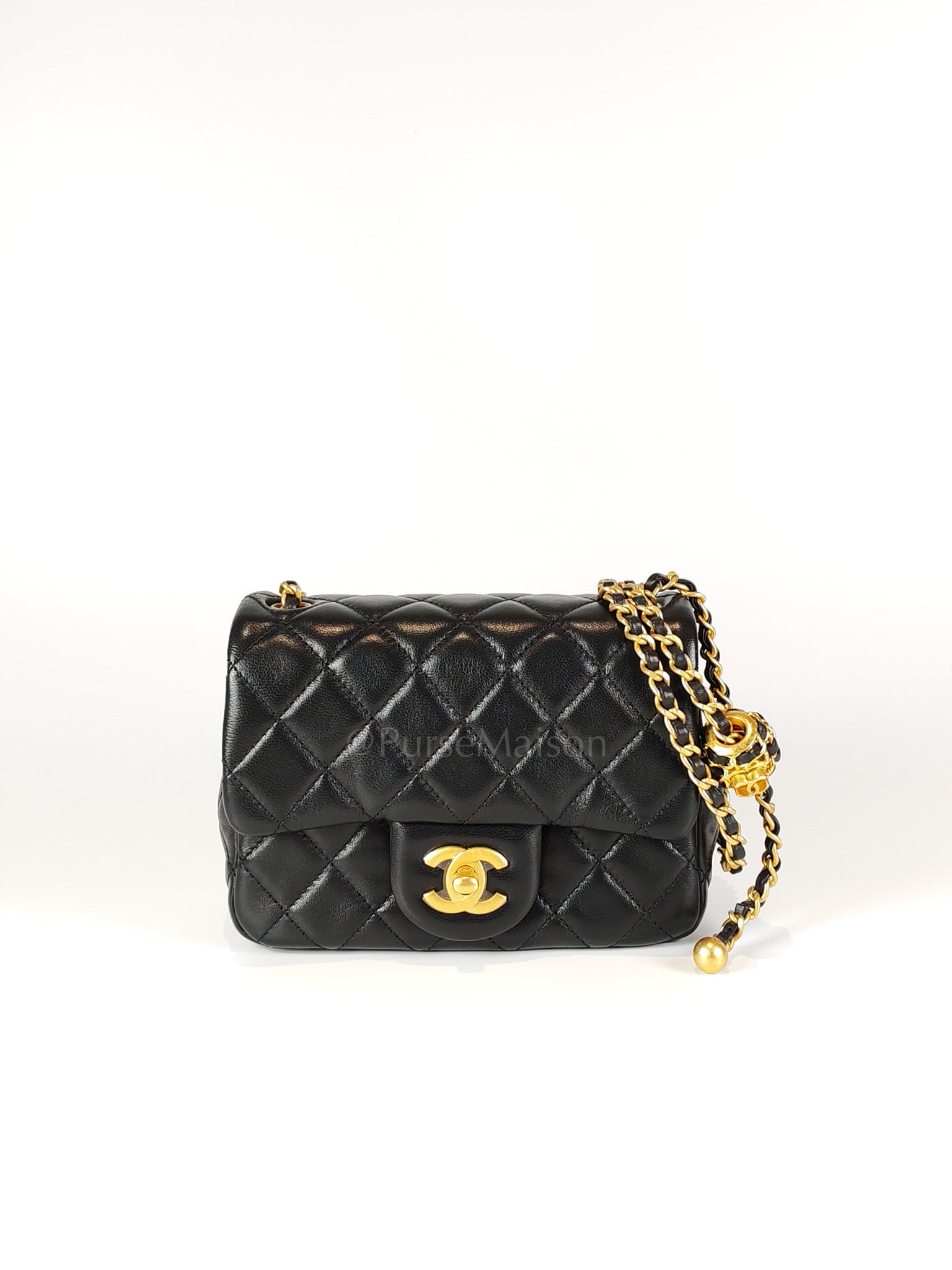 22S Mini Square Pearl Crush in Black Lambskin Leather and Aged Gold Harwadre (Microchip) | Purse Maison Luxury Bags Shop