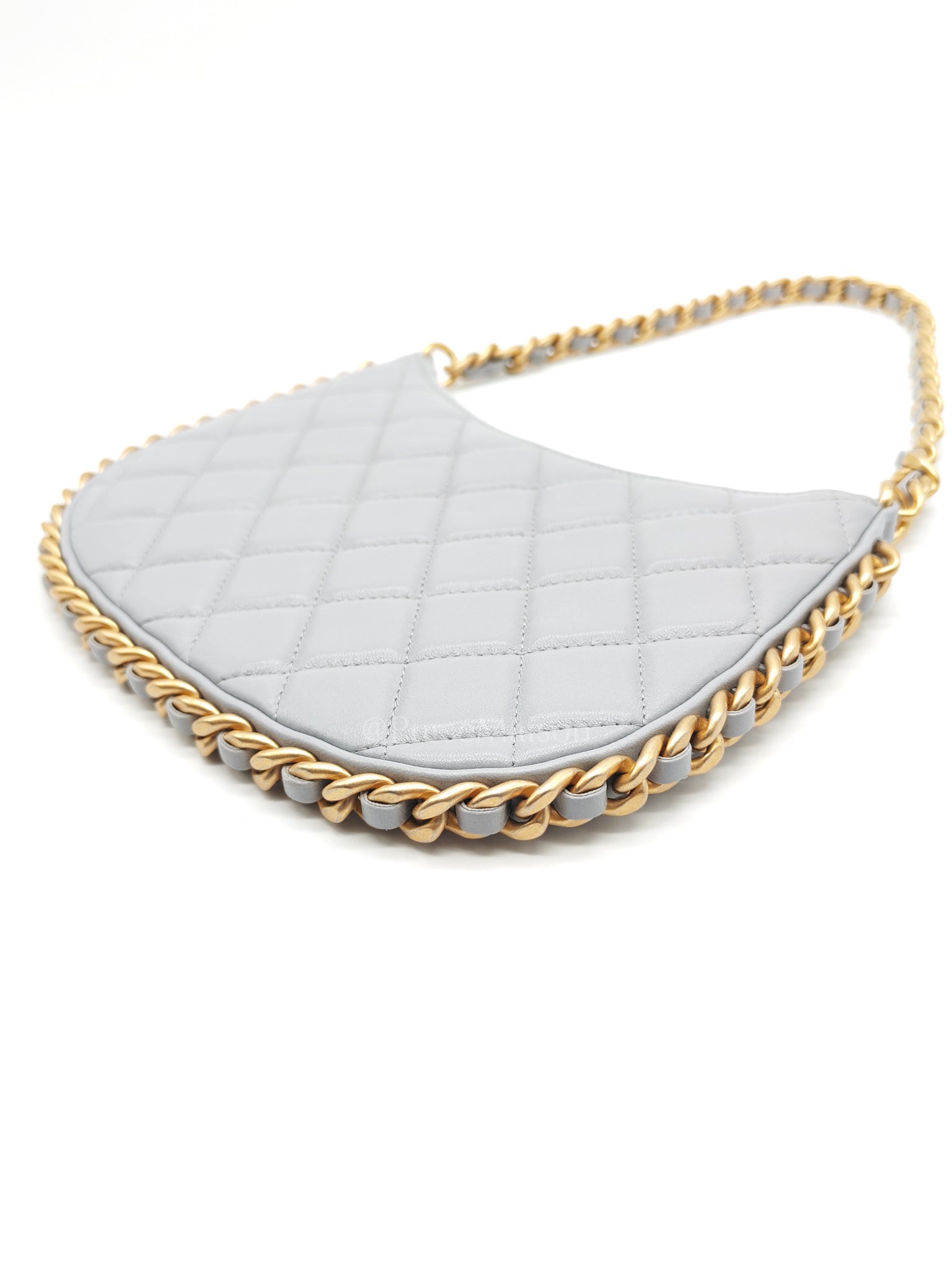 23B Hobo Bag Chain Edging in Gray Quilted Lambskin Leather and Aged Gold Hardware (Microchip) | Purse Maison Luxury Bags Shop
