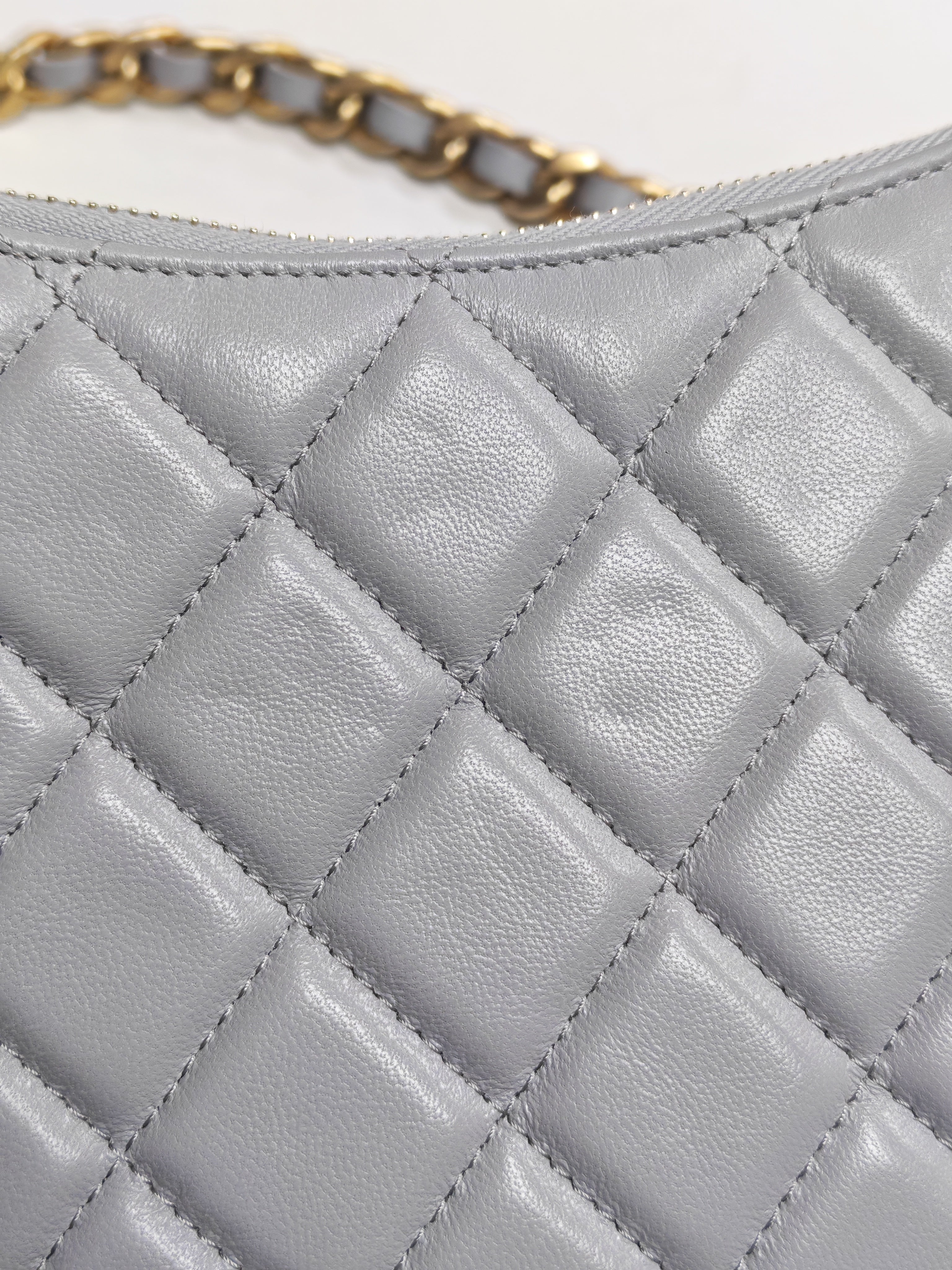 23B Hobo Bag Chain Edging in Gray Quilted Lambskin Leather and Aged Gold Hardware (Microchip) | Purse Maison Luxury Bags Shop