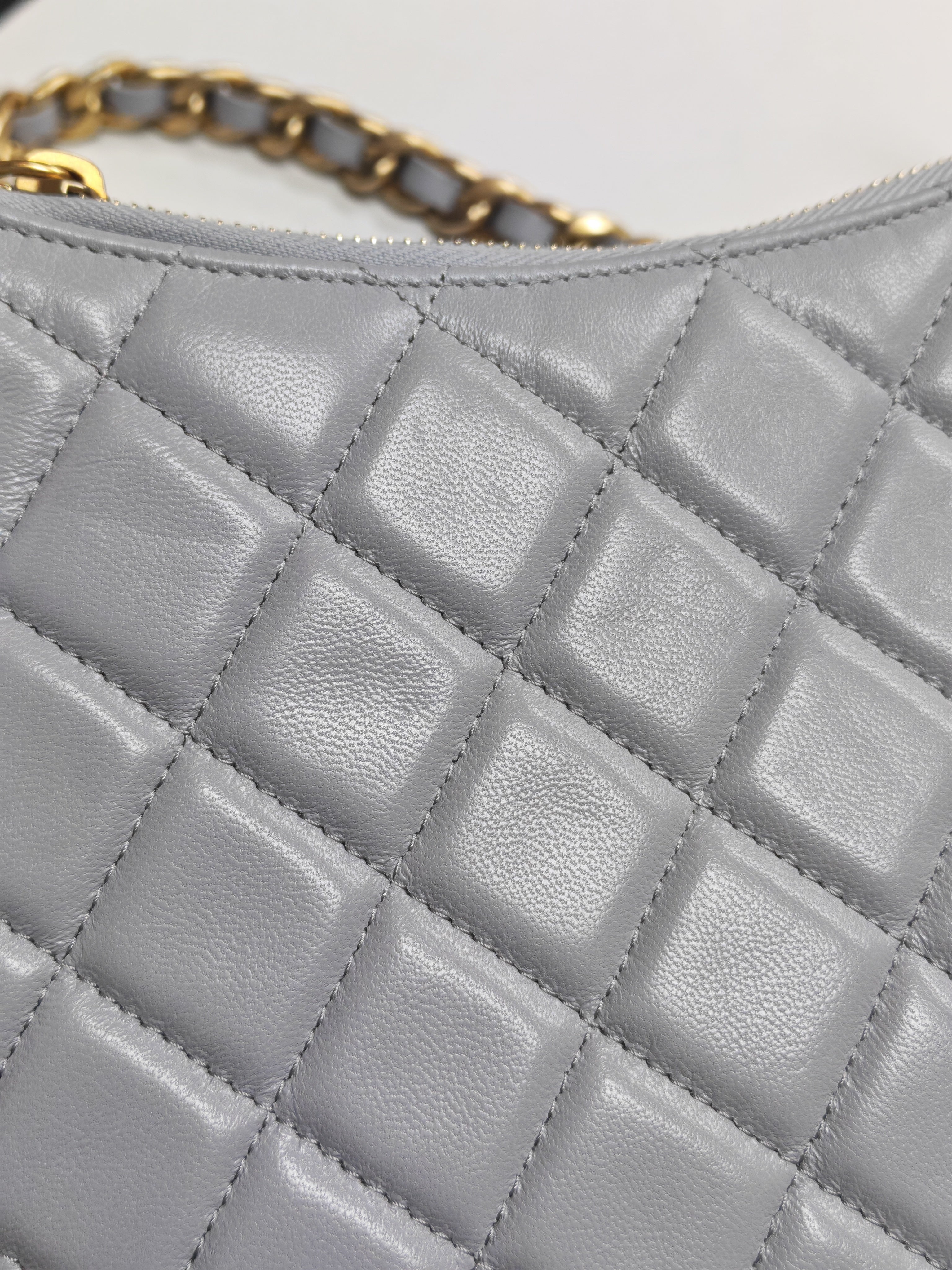 23B Hobo Bag Chain Edging in Gray Quilted Lambskin Leather and Aged Gold Hardware (Microchip) | Purse Maison Luxury Bags Shop
