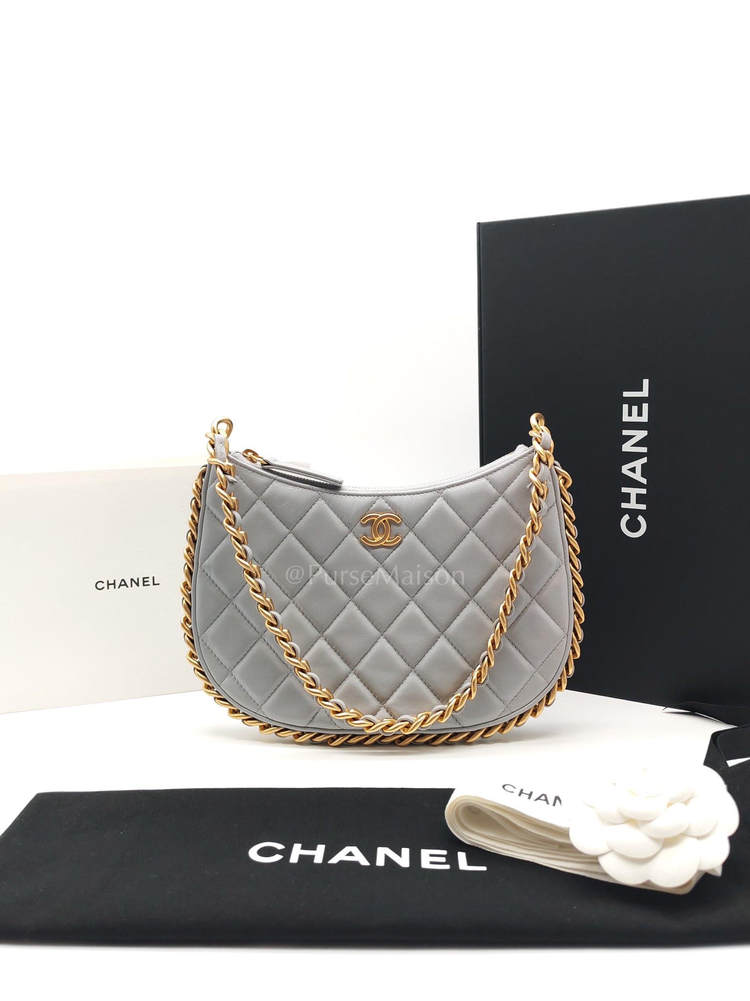 23B Hobo Bag Chain Edging in Gray Quilted Lambskin Leather and Aged Gold Hardware (Microchip) | Purse Maison Luxury Bags Shop