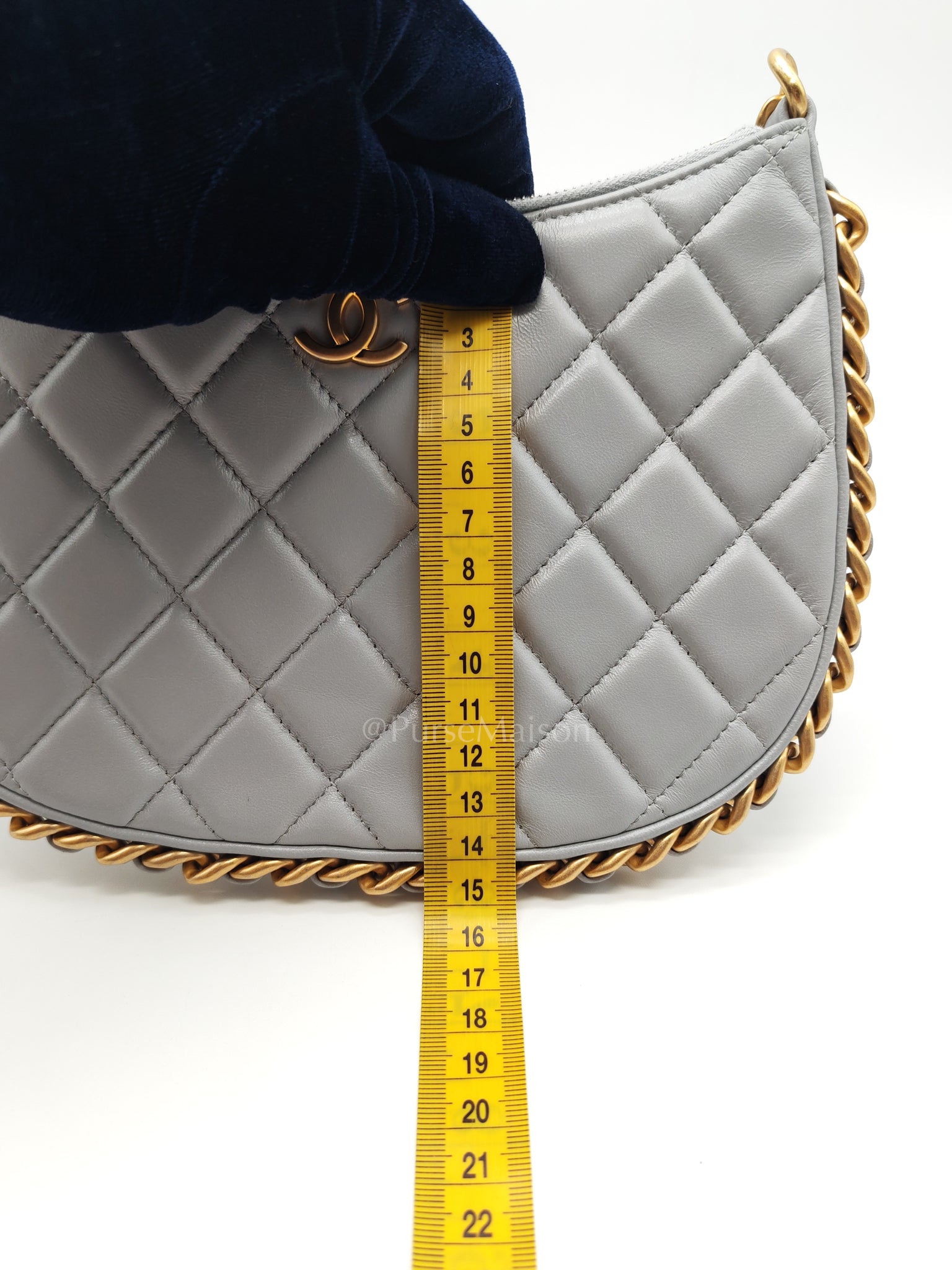 23B Hobo Bag Chain Edging in Gray Quilted Lambskin Leather and Aged Gold Hardware (Microchip) | Purse Maison Luxury Bags Shop