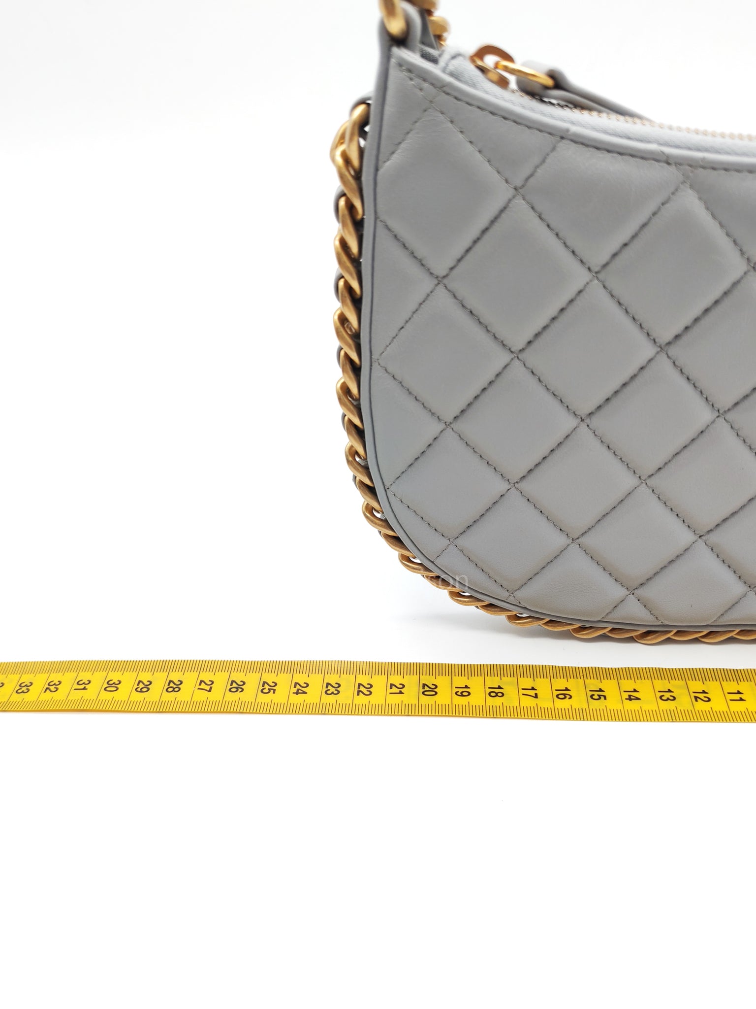 23B Hobo Bag Chain Edging in Gray Quilted Lambskin Leather and Aged Gold Hardware (Microchip) | Purse Maison Luxury Bags Shop
