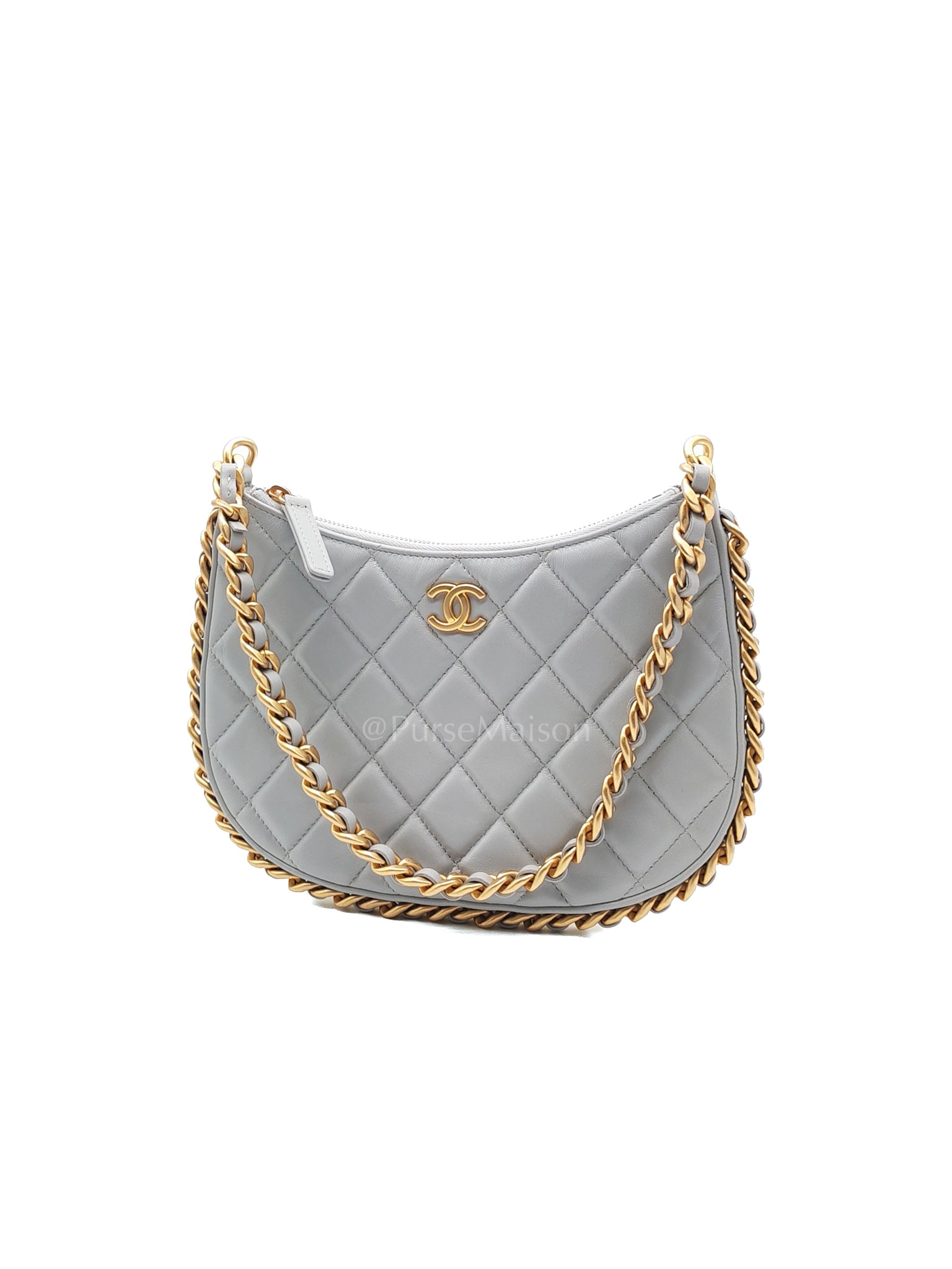 23B Hobo Bag Chain Edging in Gray Quilted Lambskin Leather and Aged Gold Hardware (Microchip) | Purse Maison Luxury Bags Shop