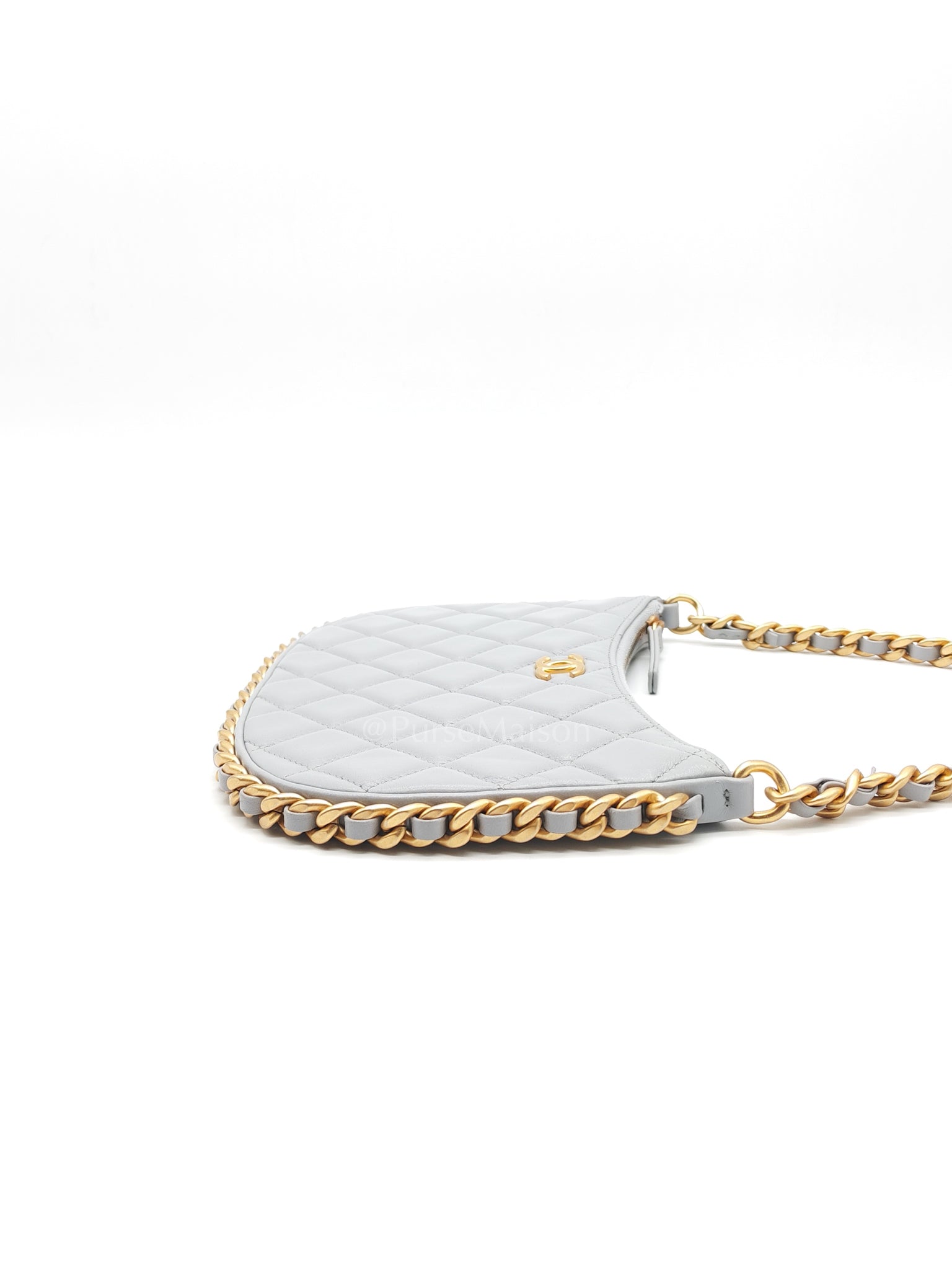 23B Hobo Bag Chain Edging in Gray Quilted Lambskin Leather and Aged Gold Hardware (Microchip) | Purse Maison Luxury Bags Shop