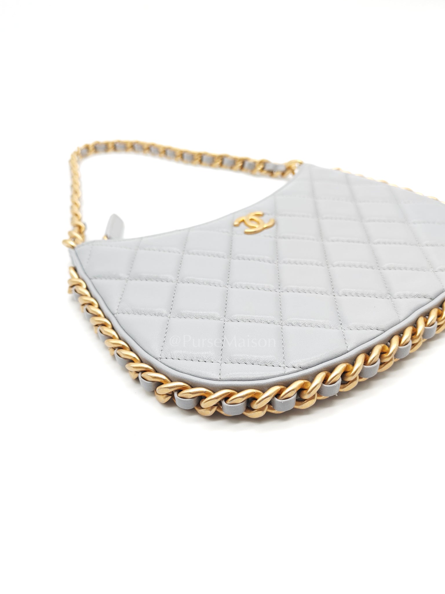 23B Hobo Bag Chain Edging in Gray Quilted Lambskin Leather and Aged Gold Hardware (Microchip) | Purse Maison Luxury Bags Shop