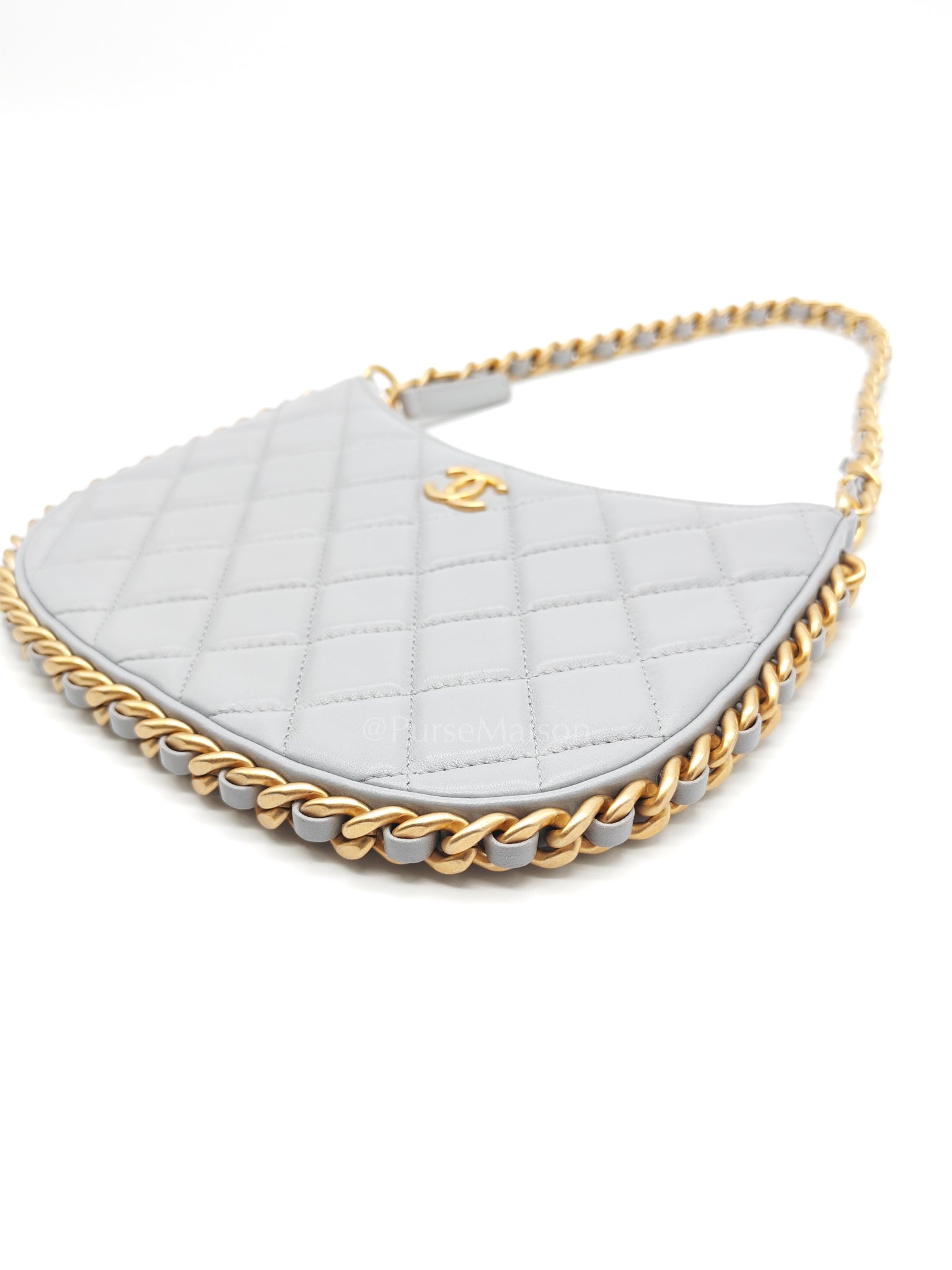 23B Hobo Bag Chain Edging in Gray Quilted Lambskin Leather and Aged Gold Hardware (Microchip) | Purse Maison Luxury Bags Shop