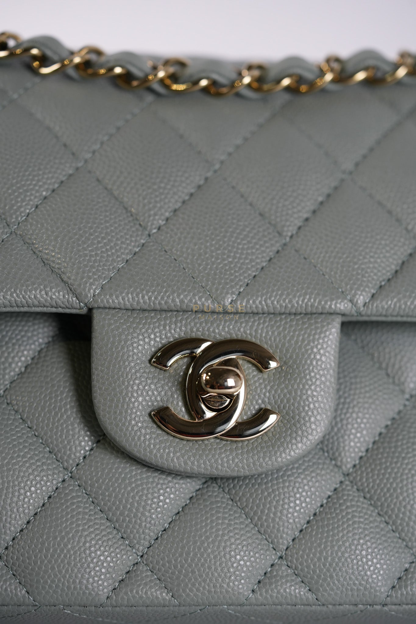 23C Classic Double Flap Small in Grey Quilted Caviar Leather and Light Gold Hardware (Microchip) | Purse Maison Luxury Bags Shop