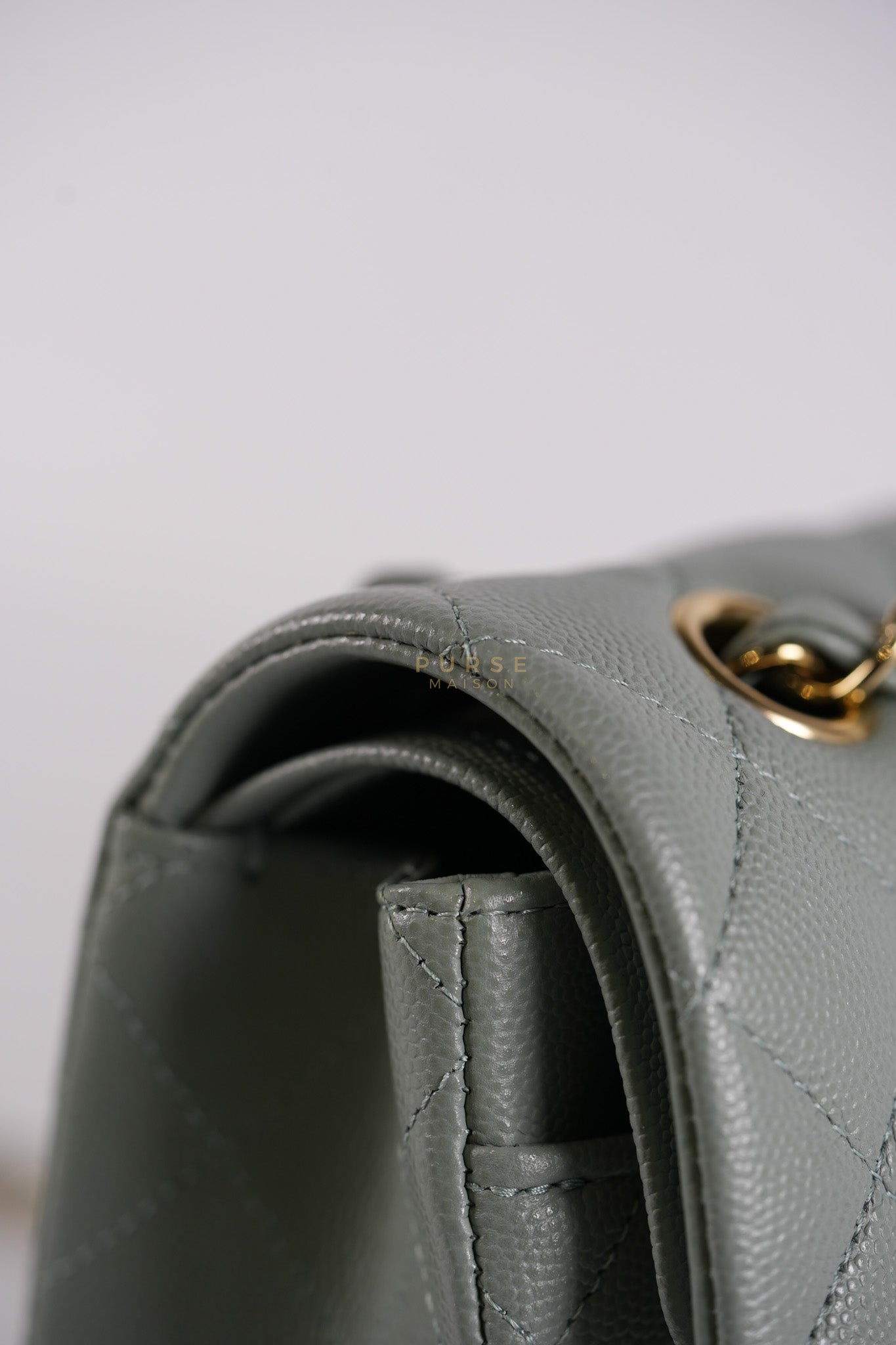 23C Classic Double Flap Small in Grey Quilted Caviar Leather and Light Gold Hardware (Microchip) | Purse Maison Luxury Bags Shop