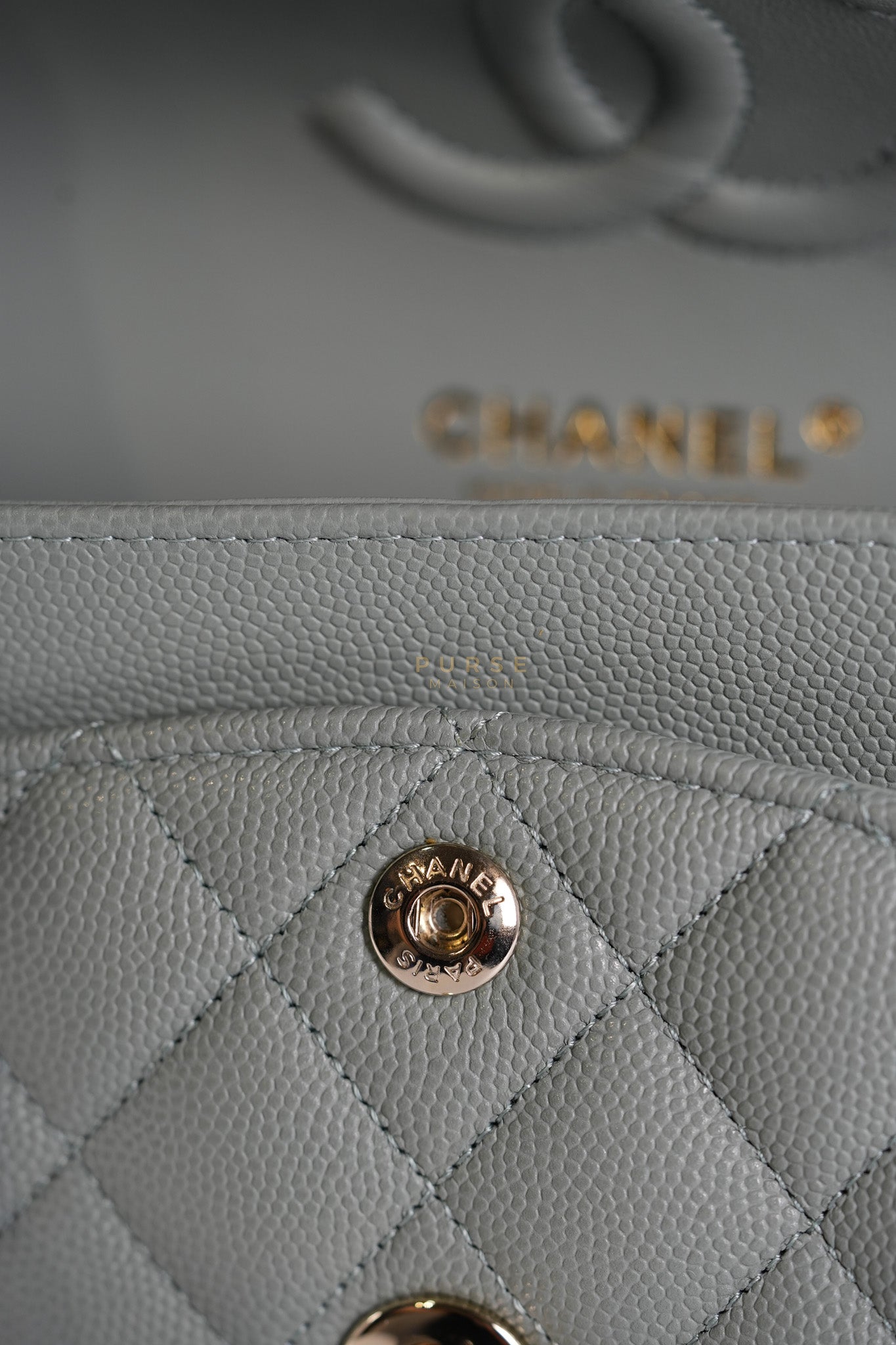 23C Classic Double Flap Small in Grey Quilted Caviar Leather and Light Gold Hardware (Microchip) | Purse Maison Luxury Bags Shop