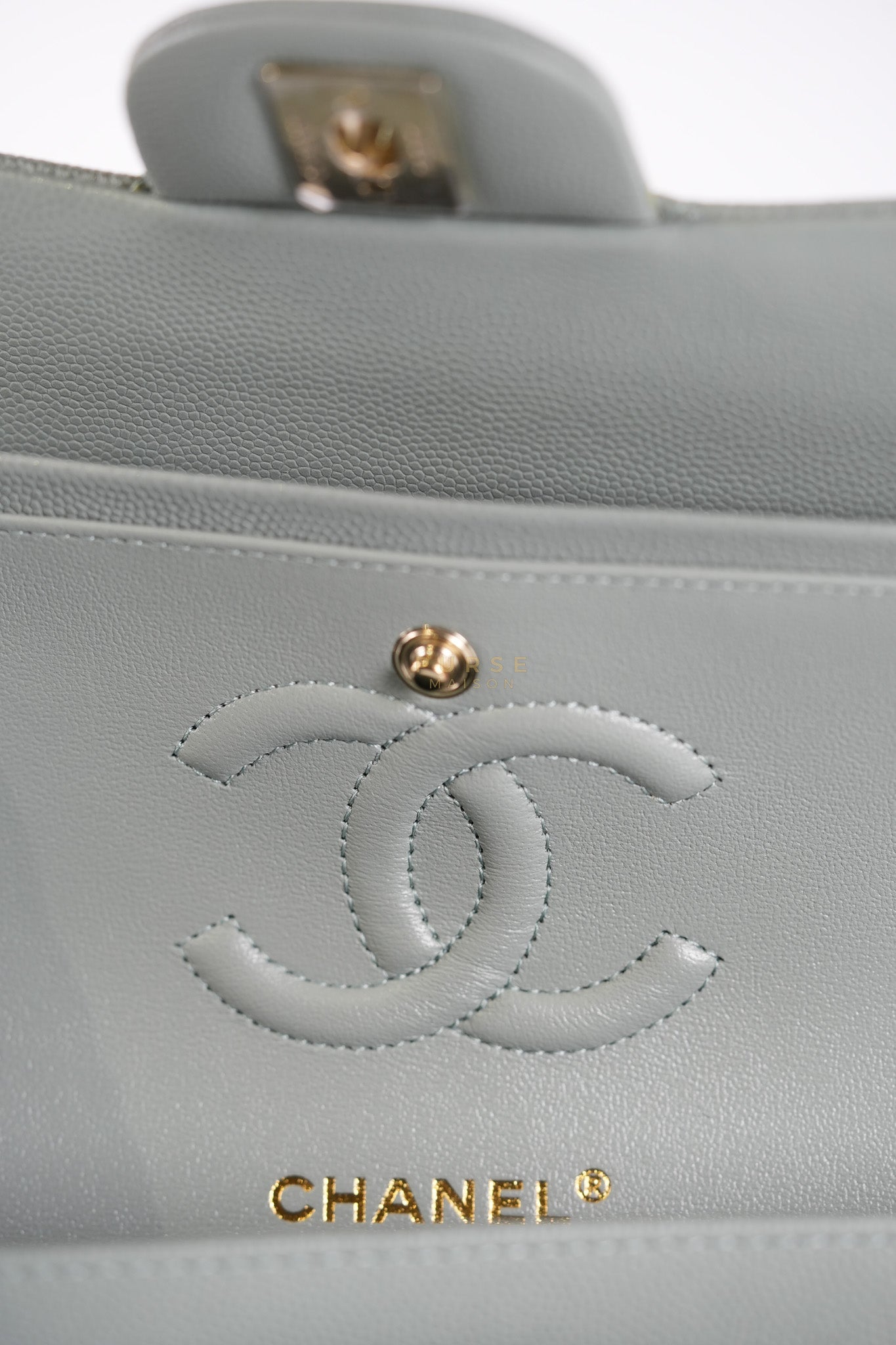 23C Classic Double Flap Small in Grey Quilted Caviar Leather and Light Gold Hardware (Microchip) | Purse Maison Luxury Bags Shop