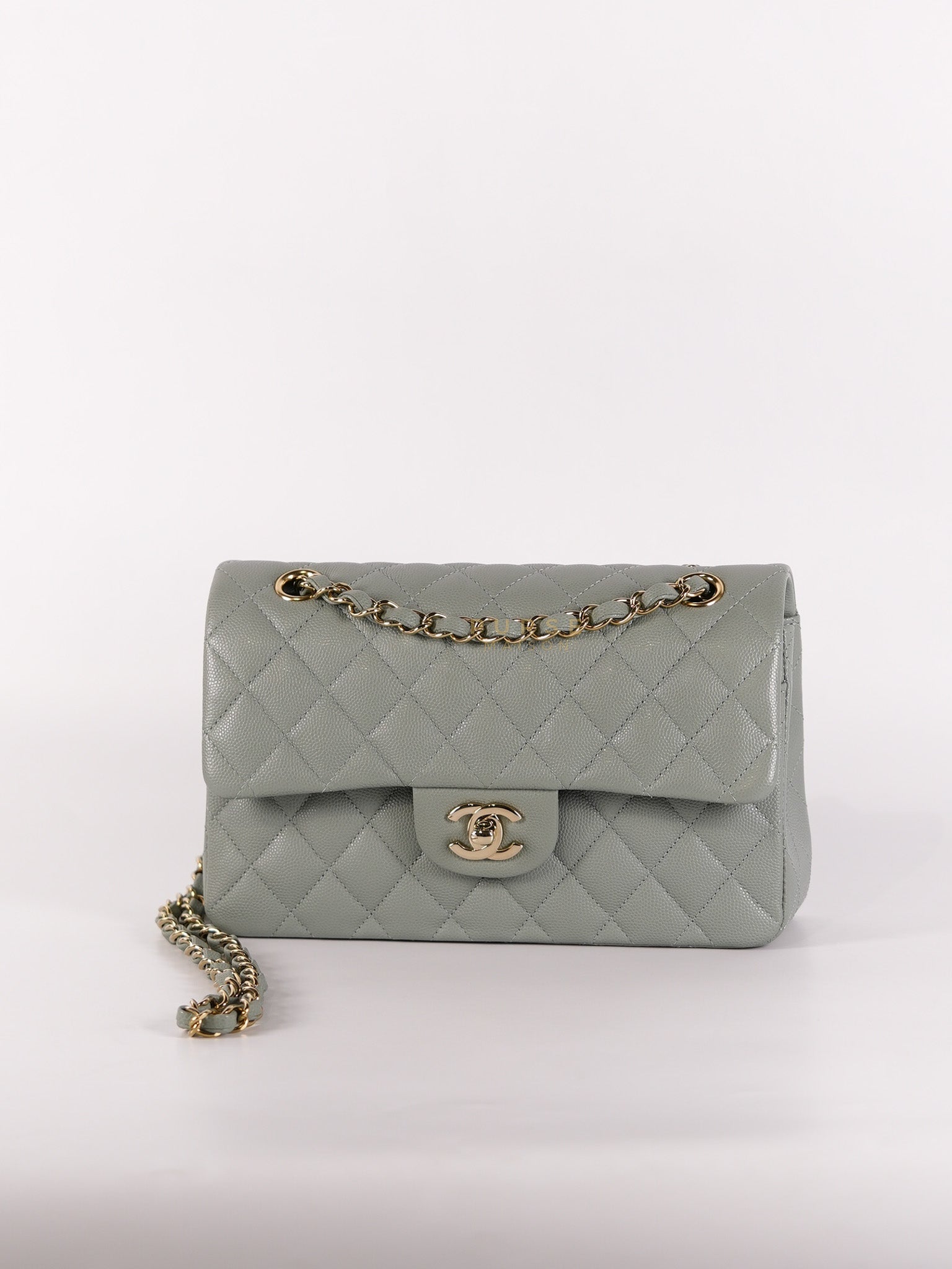 23C Classic Double Flap Small in Grey Quilted Caviar Leather and Light Gold Hardware (Microchip) | Purse Maison Luxury Bags Shop