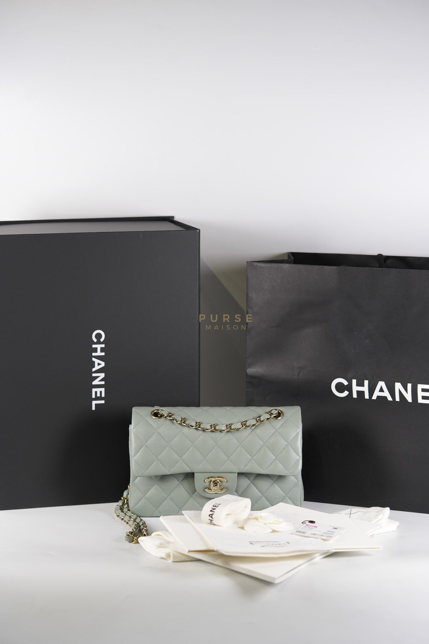 23C Classic Double Flap Small in Grey Quilted Caviar Leather and Light Gold Hardware (Microchip) | Purse Maison Luxury Bags Shop