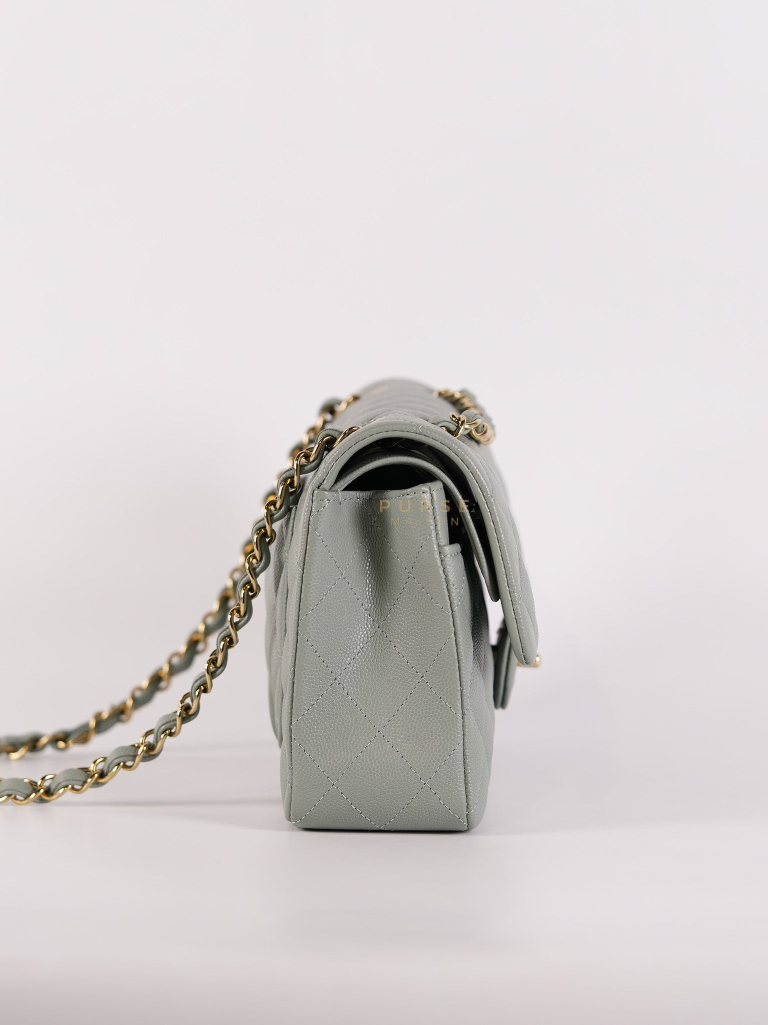 23C Classic Double Flap Small in Grey Quilted Caviar Leather and Light Gold Hardware (Microchip) | Purse Maison Luxury Bags Shop