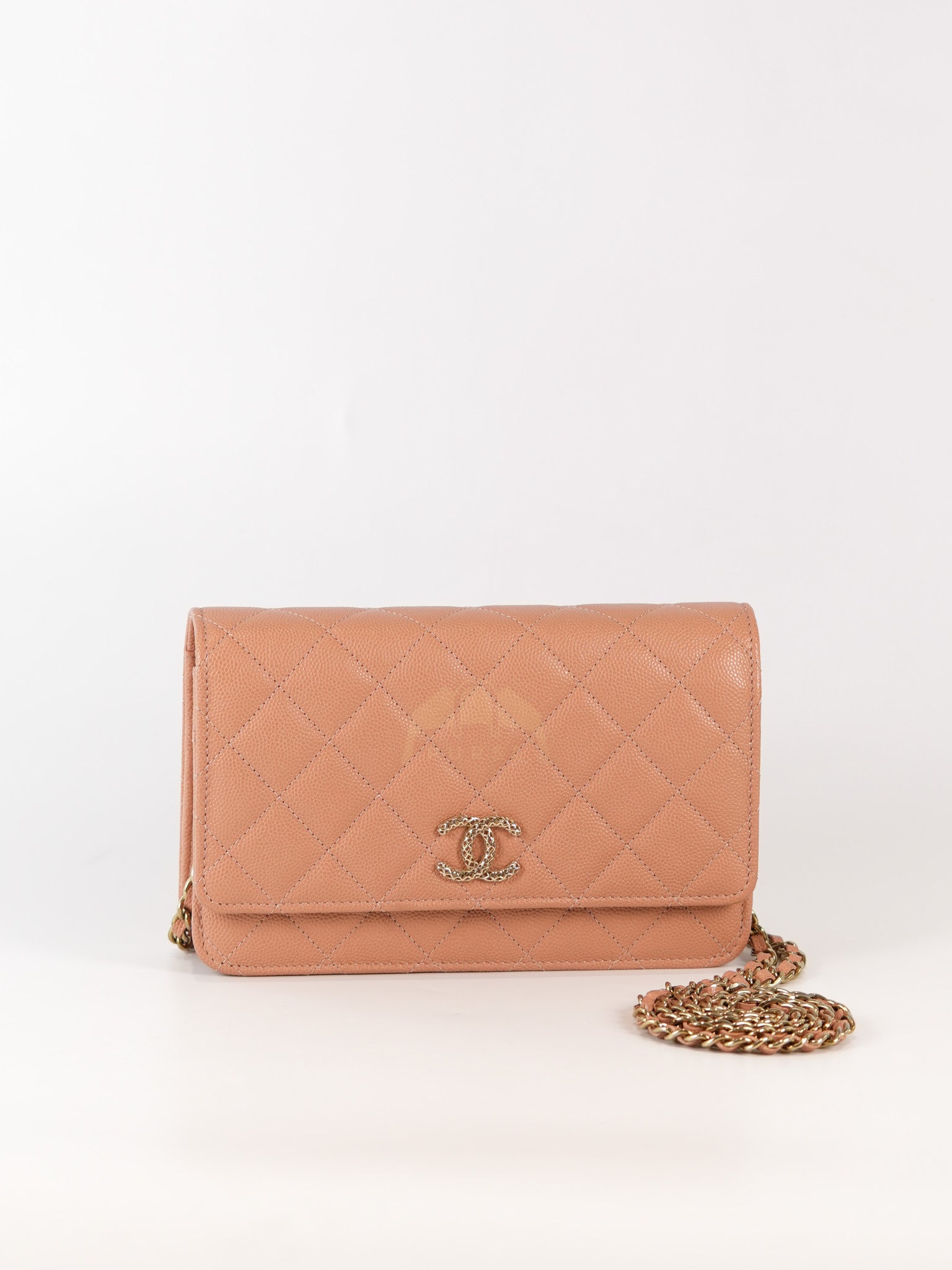 23P Wallet On Chain (WOC) Beige-Peach in Quilted Caviar Light Gold Hardware (Microchip) | Purse Maison Luxury Bags Shop
