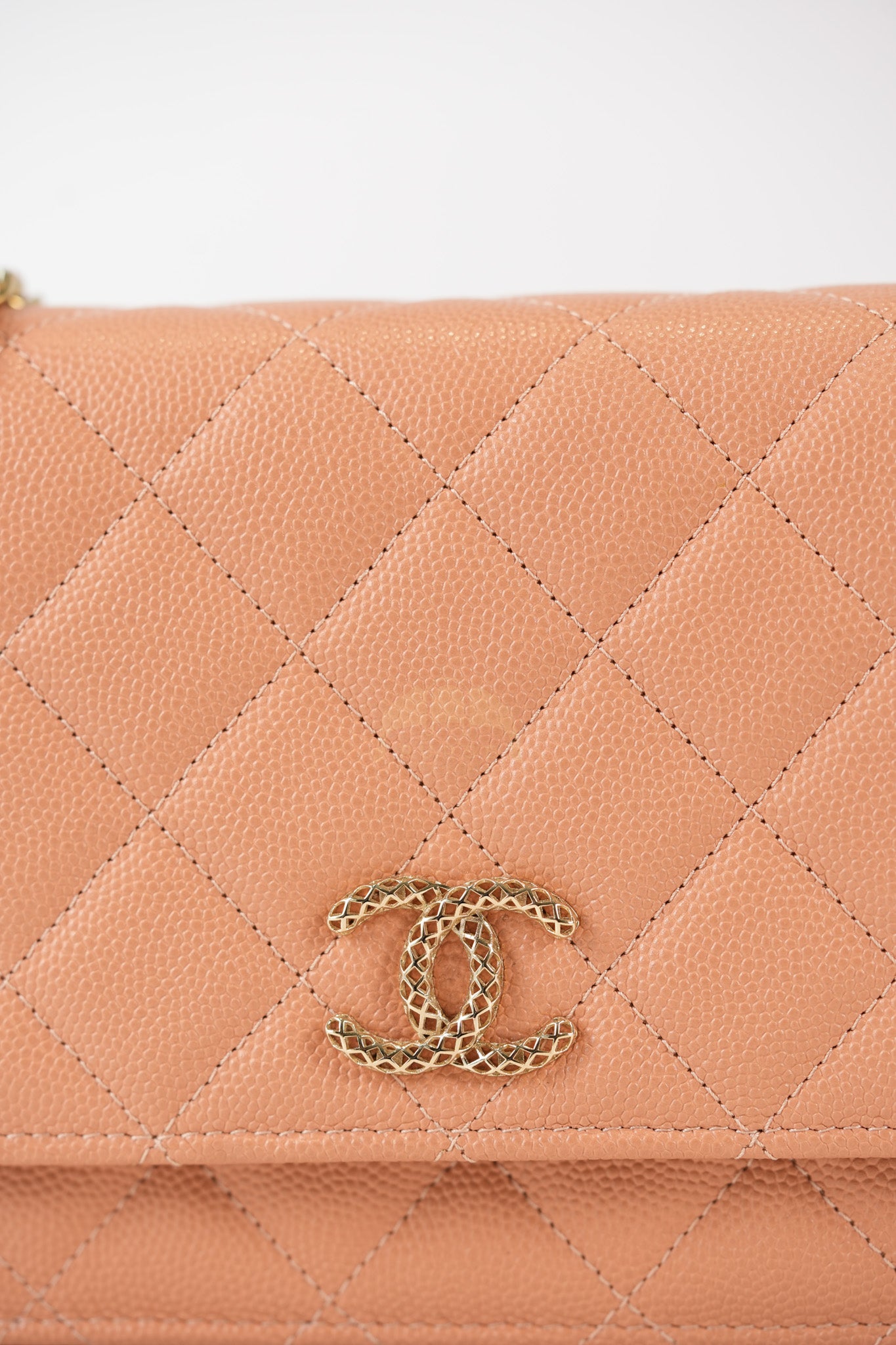 23P Wallet On Chain (WOC) Beige-Peach in Quilted Caviar Light Gold Hardware (Microchip) | Purse Maison Luxury Bags Shop
