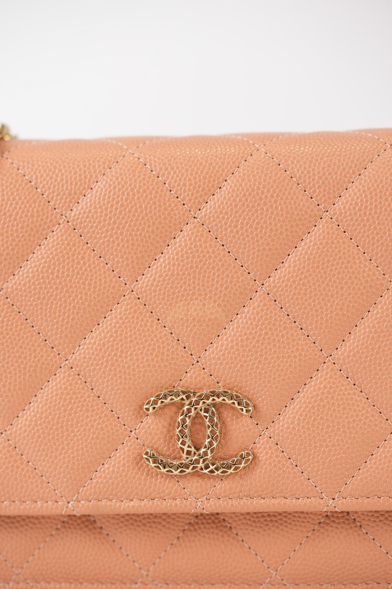 23P Wallet On Chain (WOC) Beige-Peach in Quilted Caviar Light Gold Hardware (Microchip) | Purse Maison Luxury Bags Shop