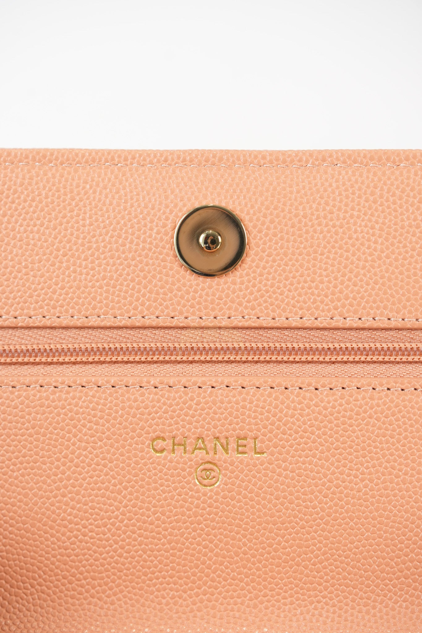 23P Wallet On Chain (WOC) Beige-Peach in Quilted Caviar Light Gold Hardware (Microchip) | Purse Maison Luxury Bags Shop